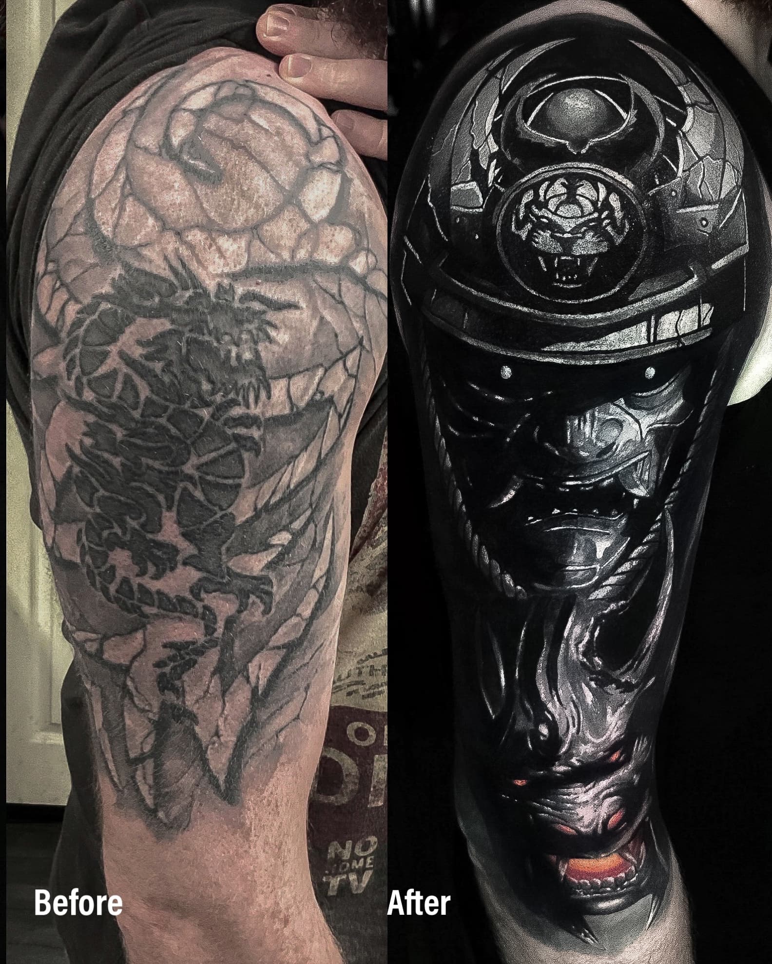 Cover up skorpiona na ramieniu — biomechaniczny motyw z twarzą demona i czerwonymi akcentami