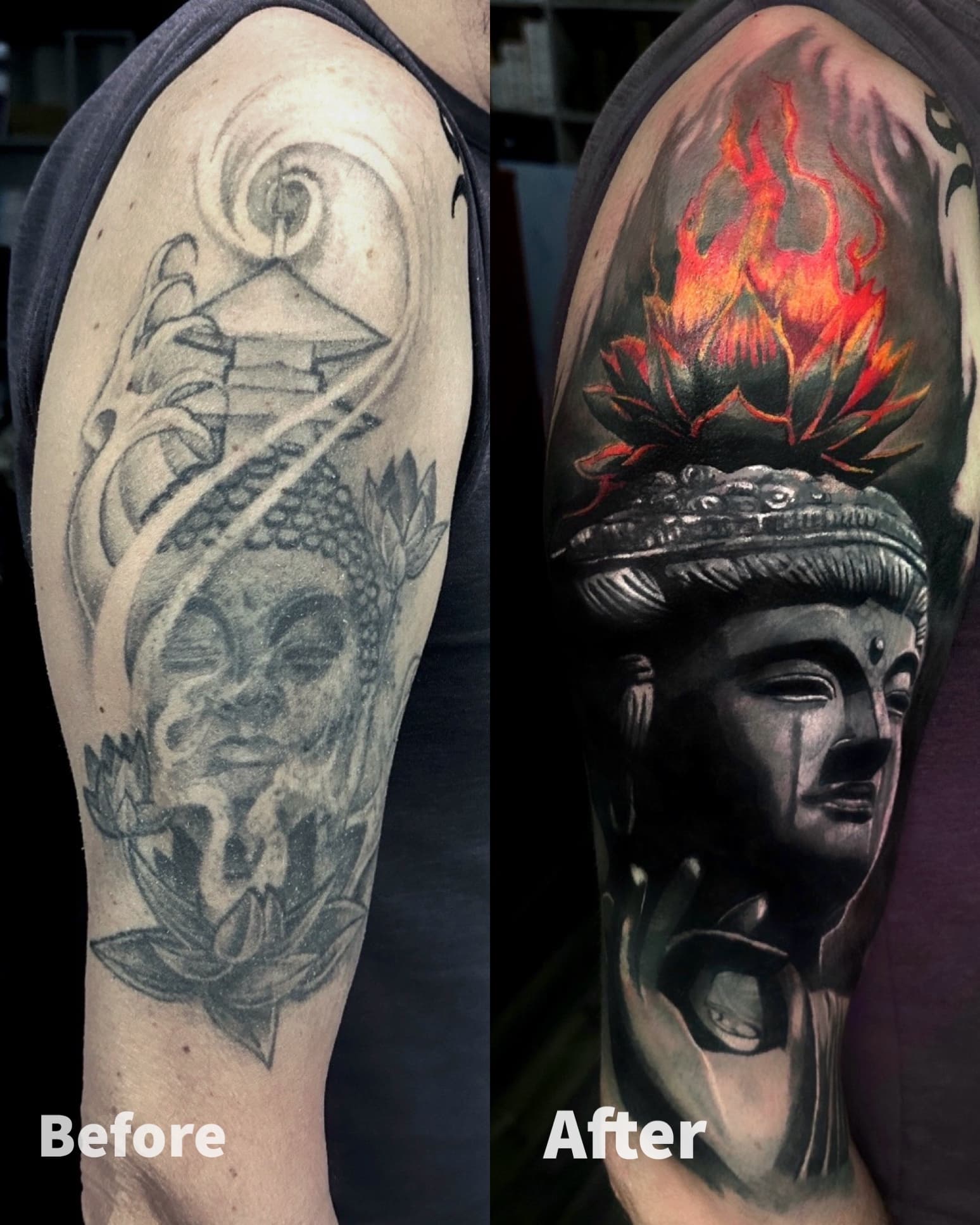 Cover up Buddy na ramieniu — realistyczny Budda z plonacym lotosem na glowie
