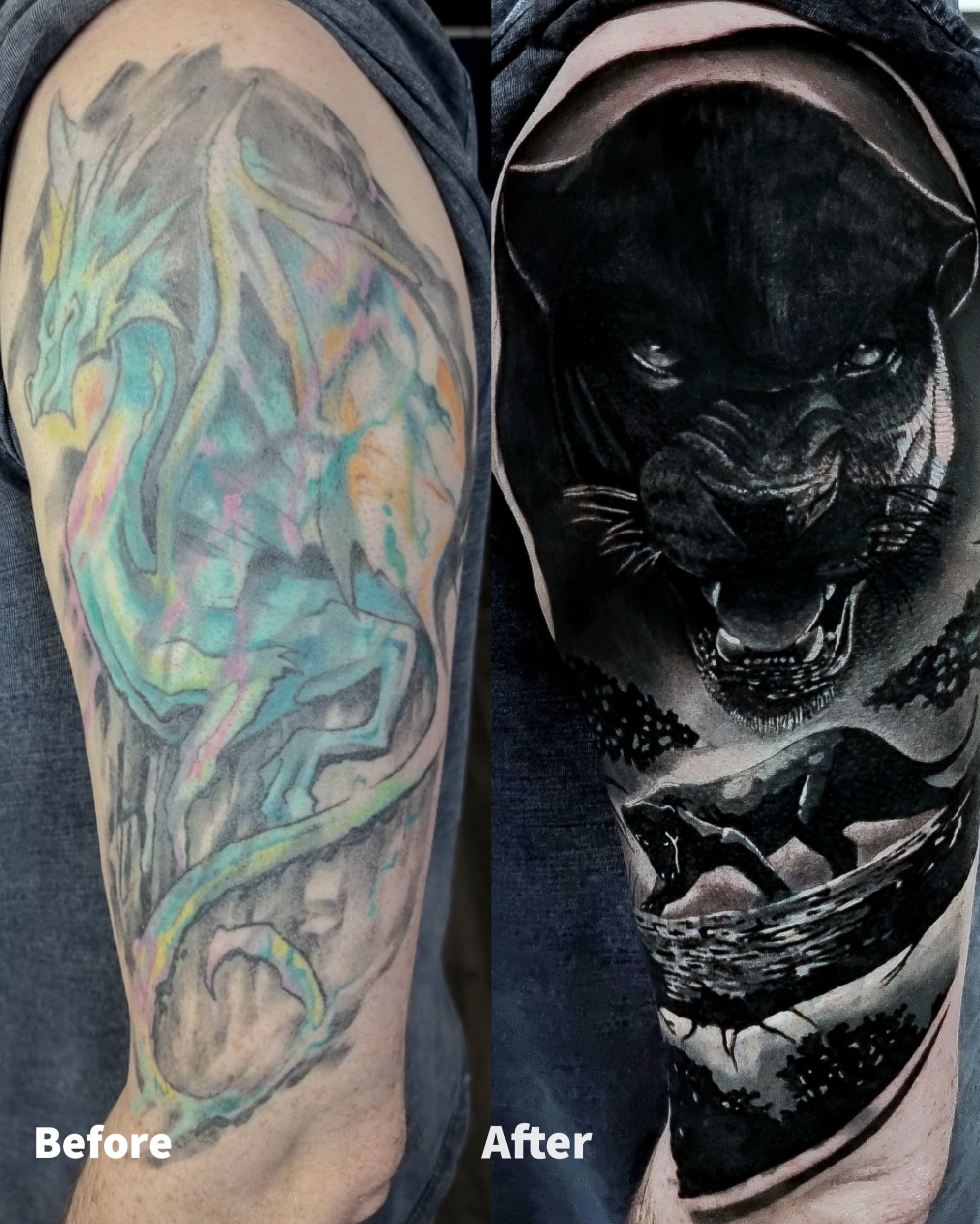 Cover up kolorowego smoka na ramieniu — czarna pantera z gorskim krajobrazem w tle