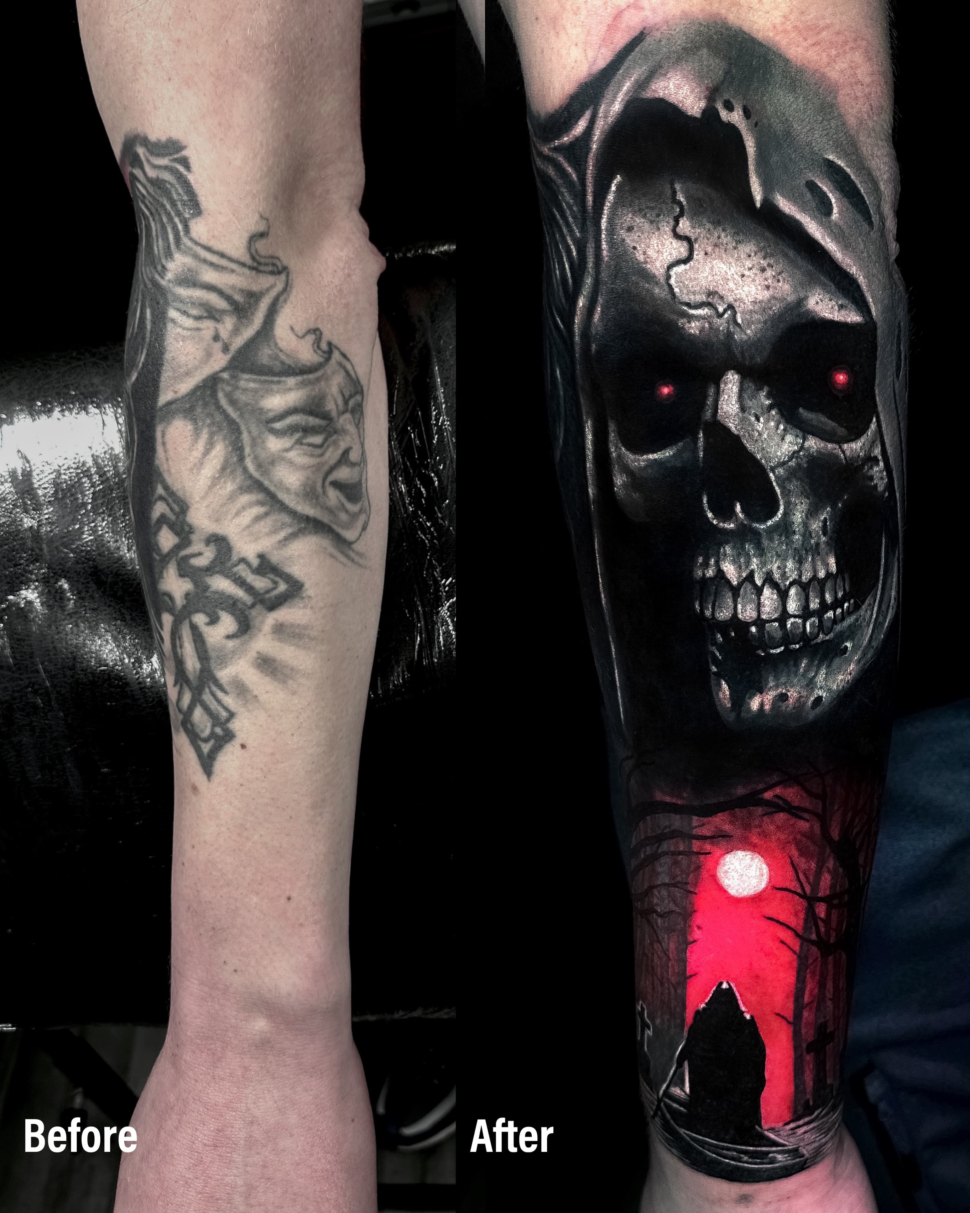 Cover up tatuazu na przedramieniu — czaszka w kapturze z czerwonymi oczami i czerwona scena