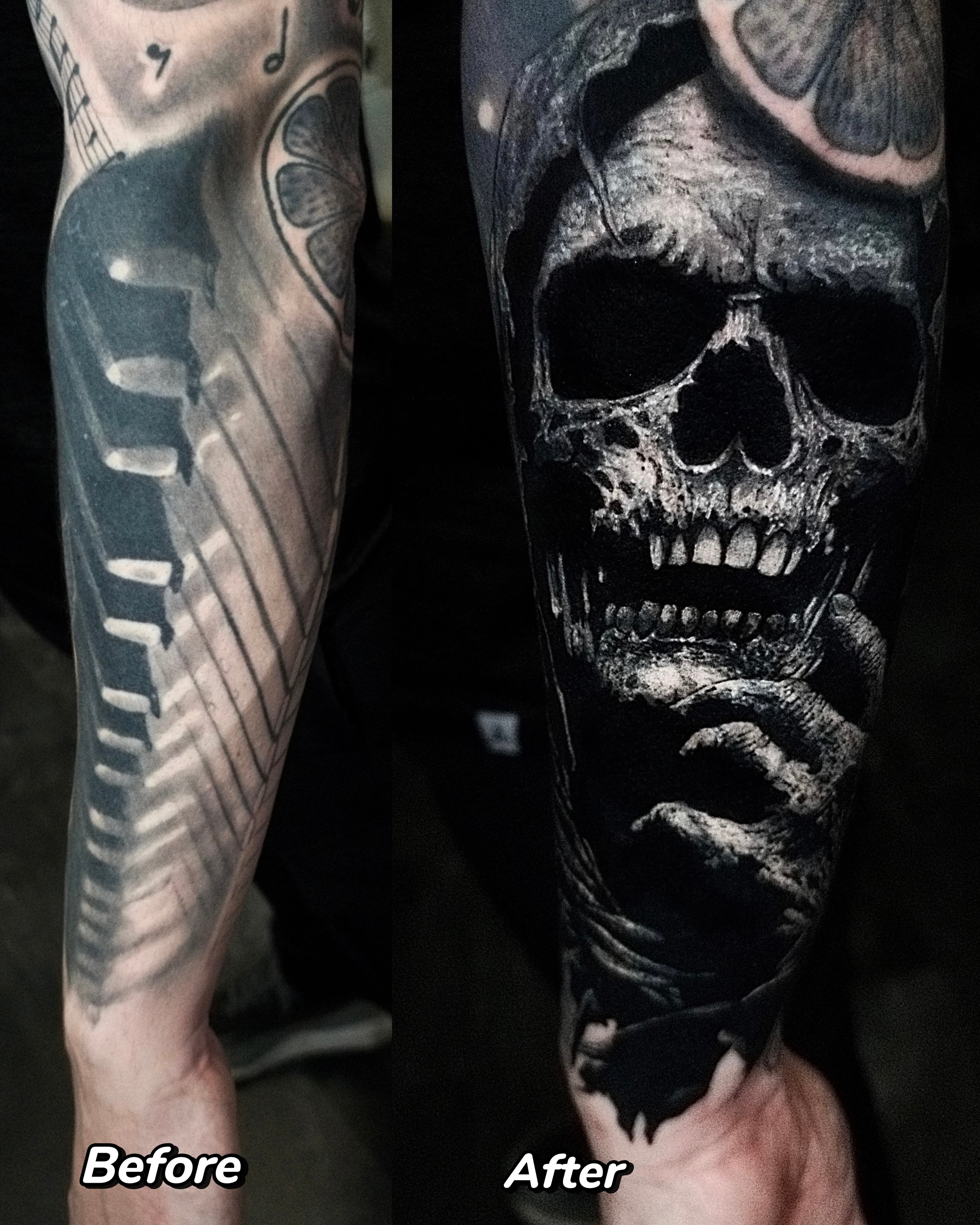 Cover up tatuazu muzycznego na przedramieniu — mroczna czaszka z koniczynka w kapturze