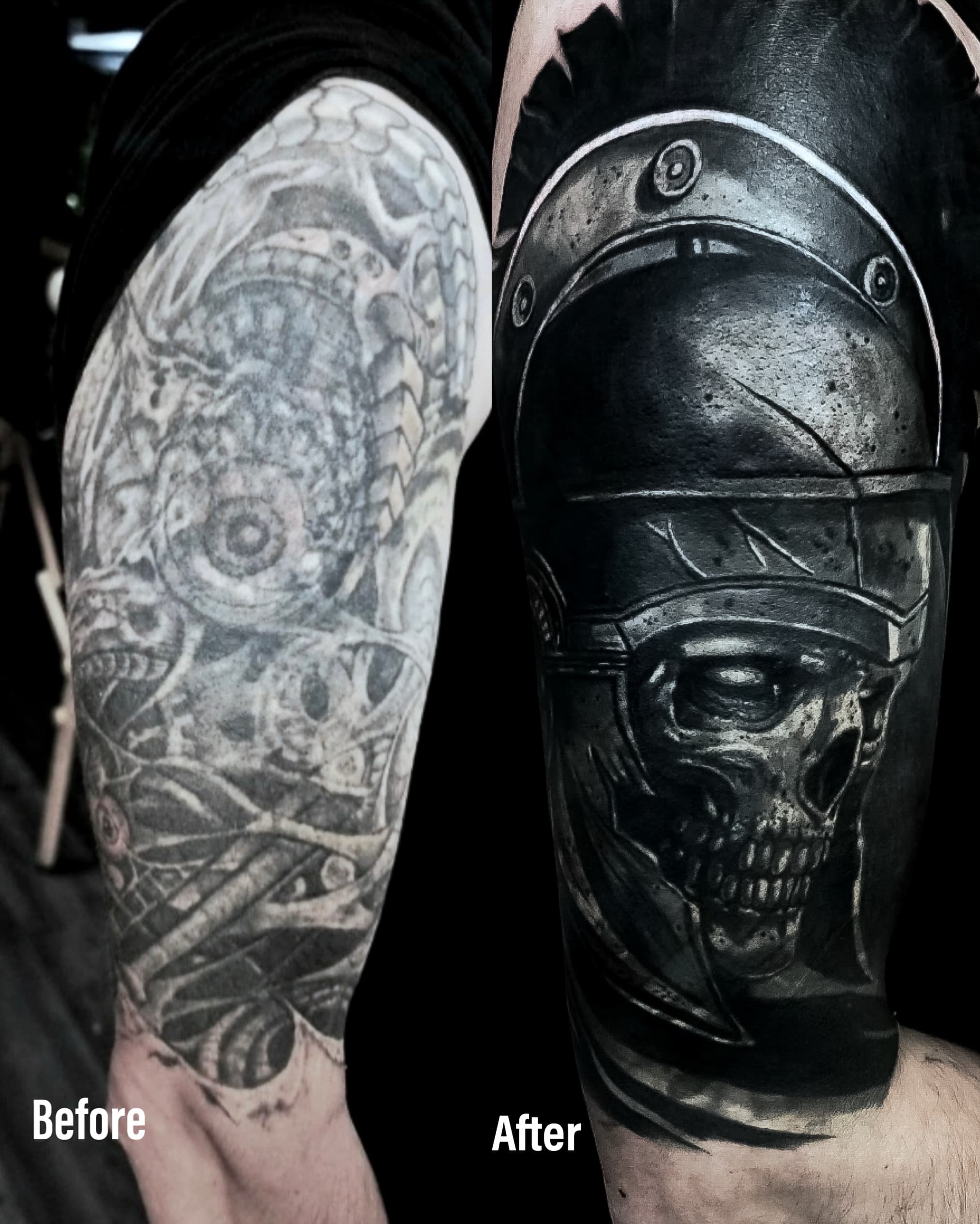 Cover up starych tatuazy na ramieniu — czaszka rzymskiego legionisty w helmie