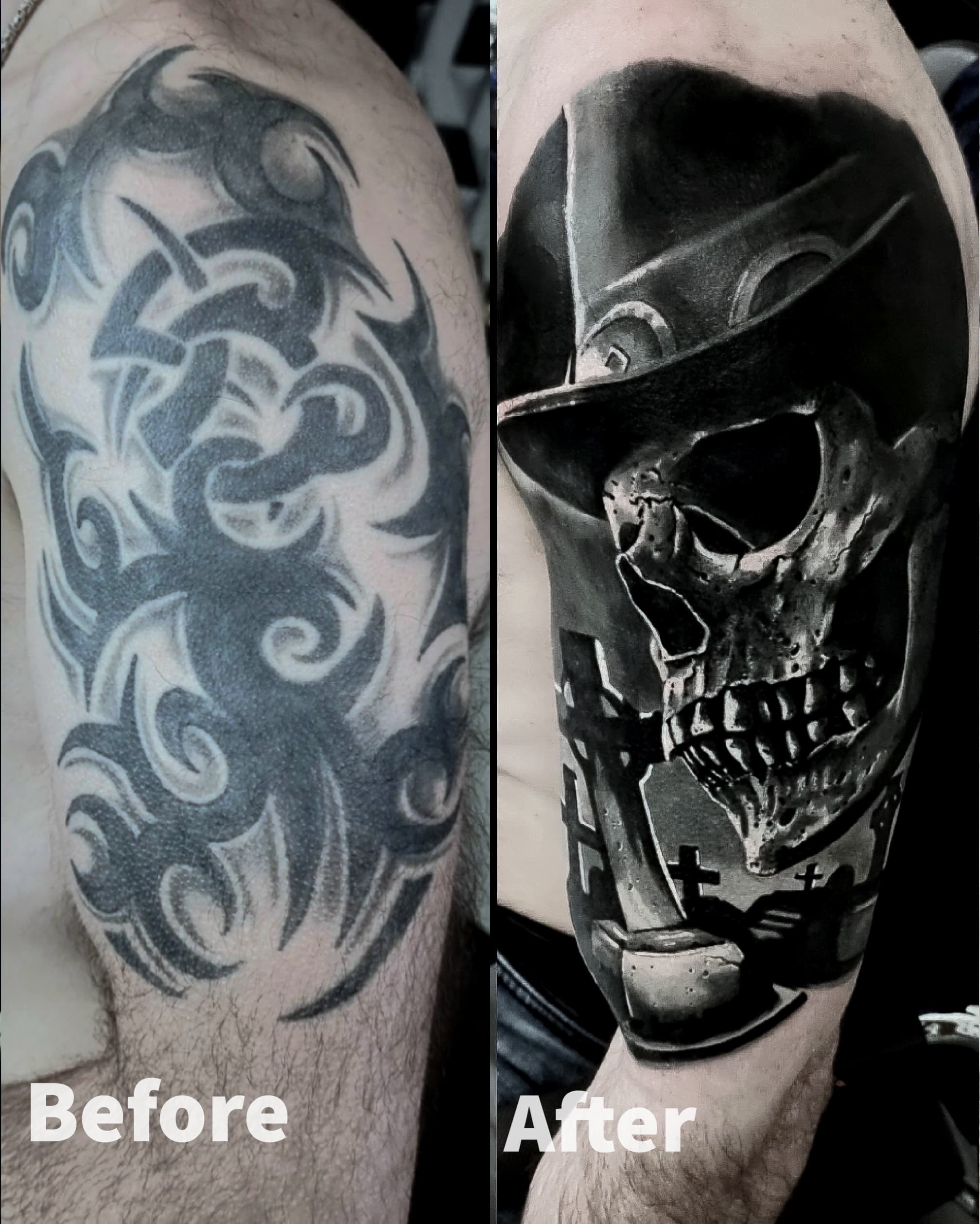 Cover up tribala na ramieniu — realistyczna czaszka w kapeluszu z krzyzem