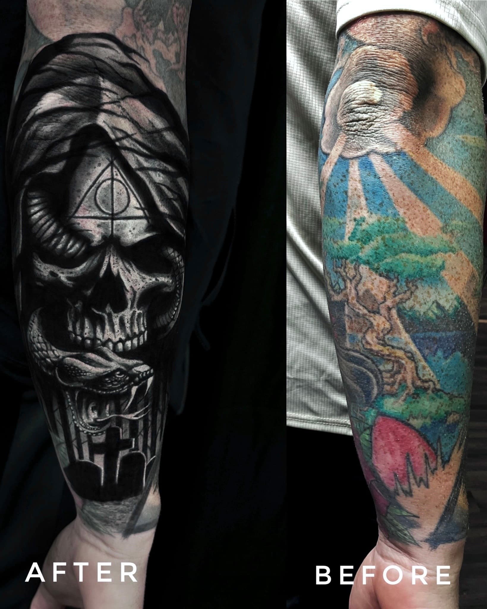 Cover up kolorowego rekawa — mroczna czaszka z wezem i cmentarnym krzyzem w stylu dark