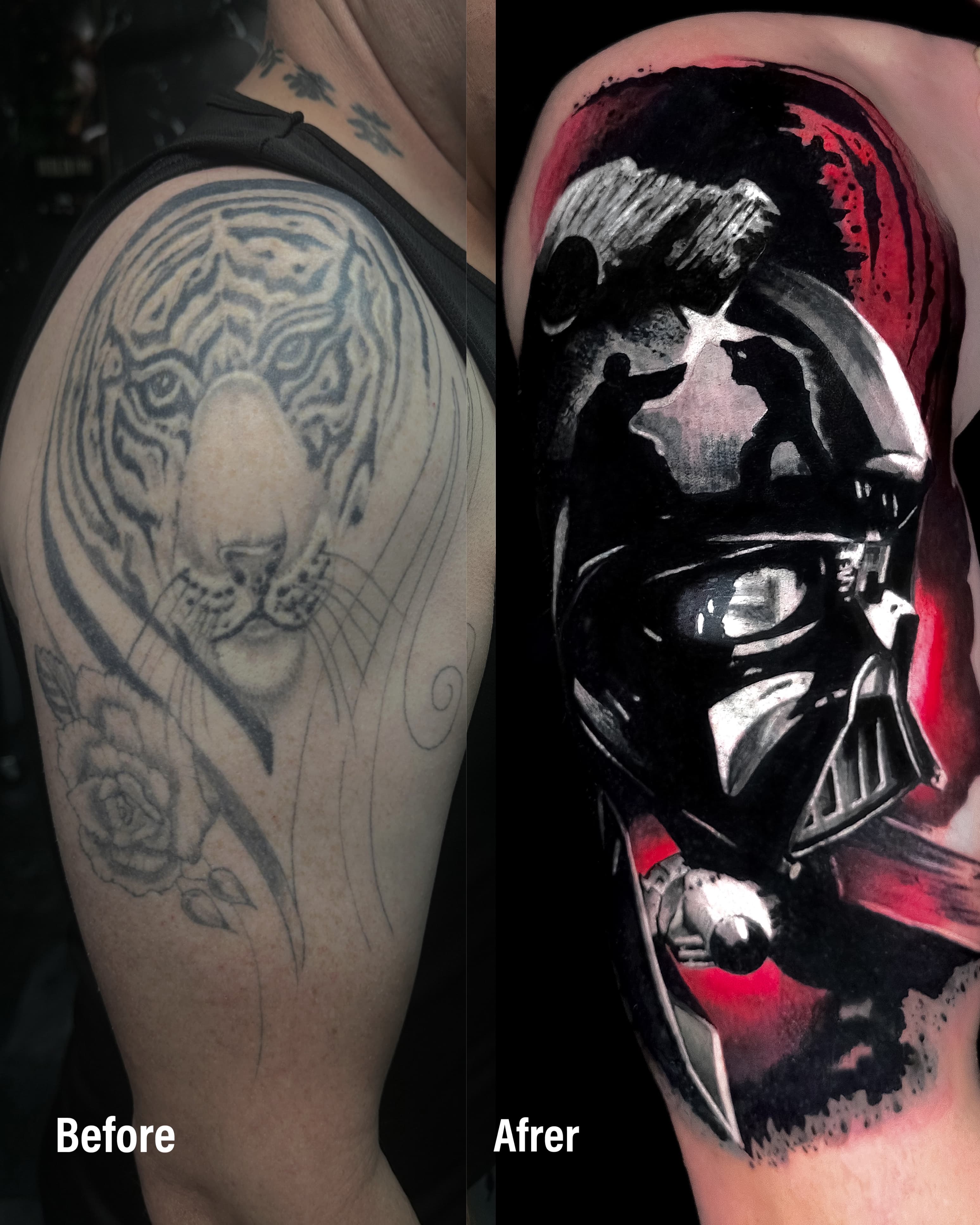 Cover up tatuazu tygrysa na ramieniu — realistyczny Darth Vader z czerwonym tlem
