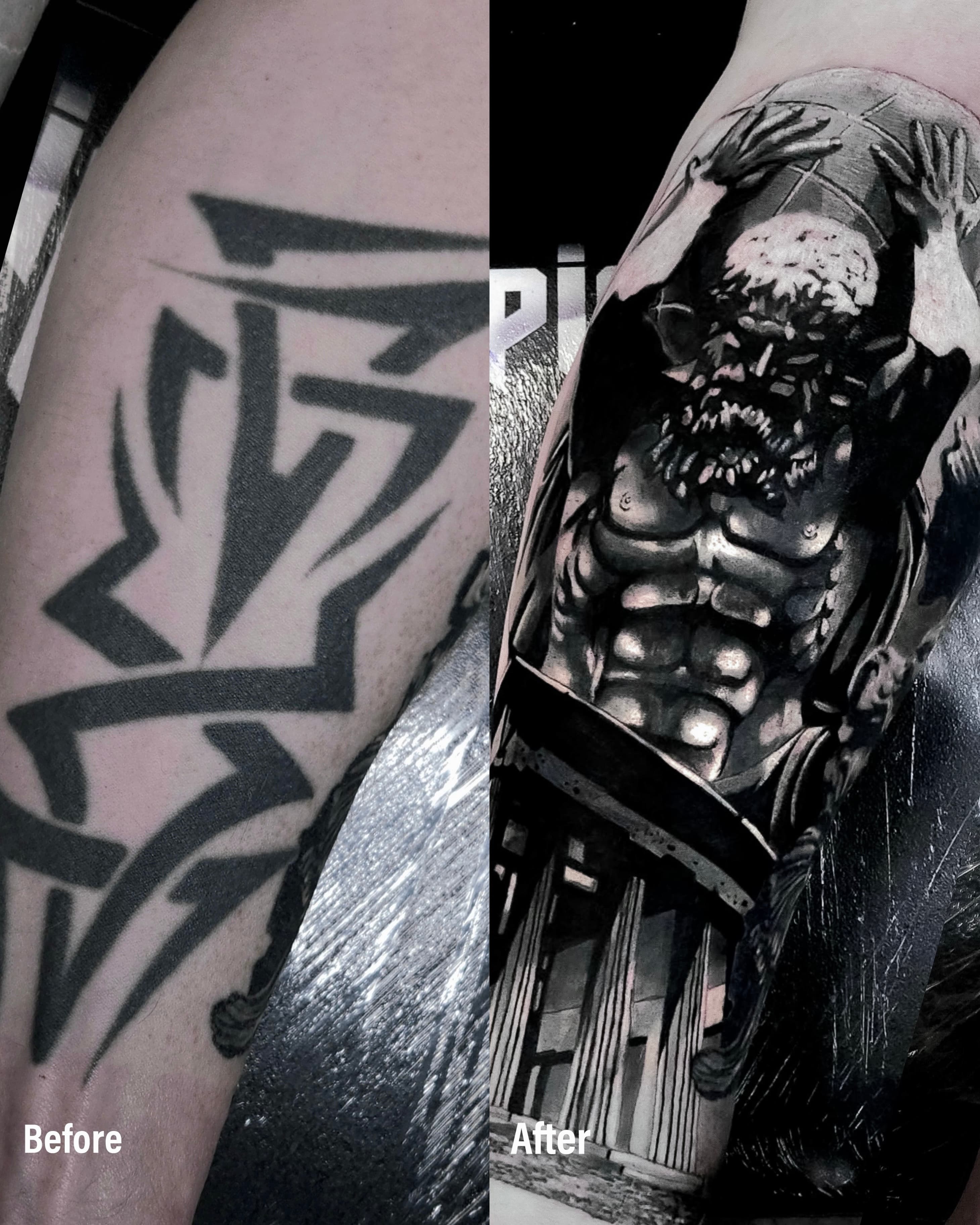 Cover up tribala na ramieniu — muskularny demon z rogami w stylu dark realizm