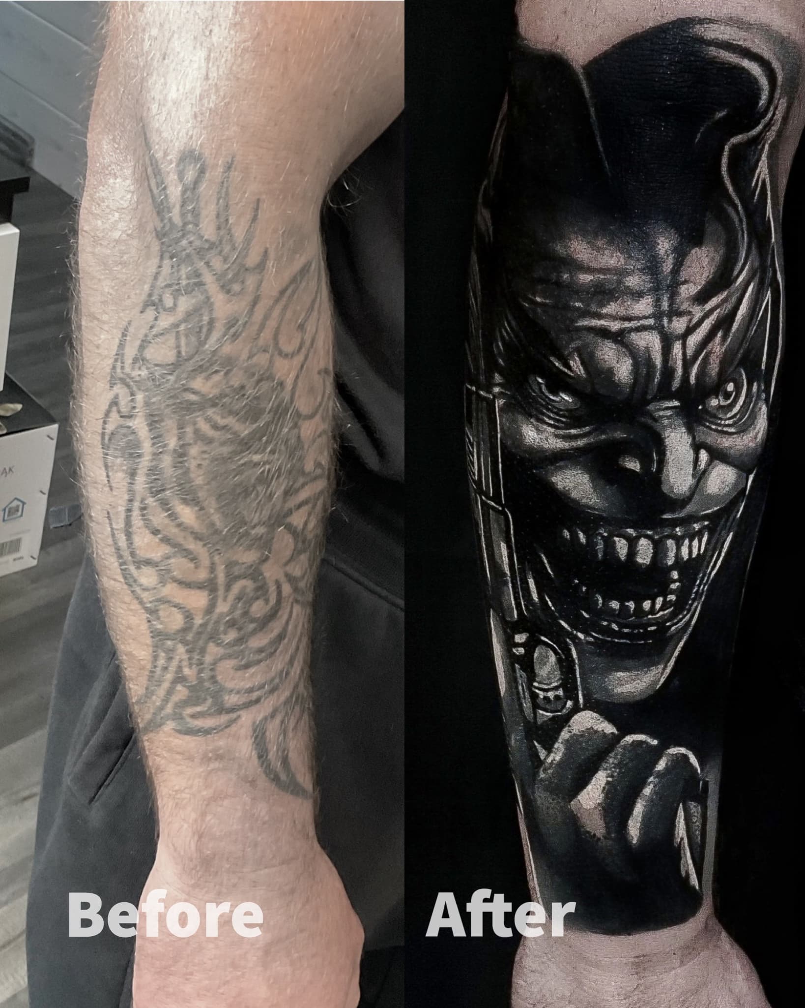 Cover up starego tatuazu na przedramieniu — realistyczny demon z palcem na ustach