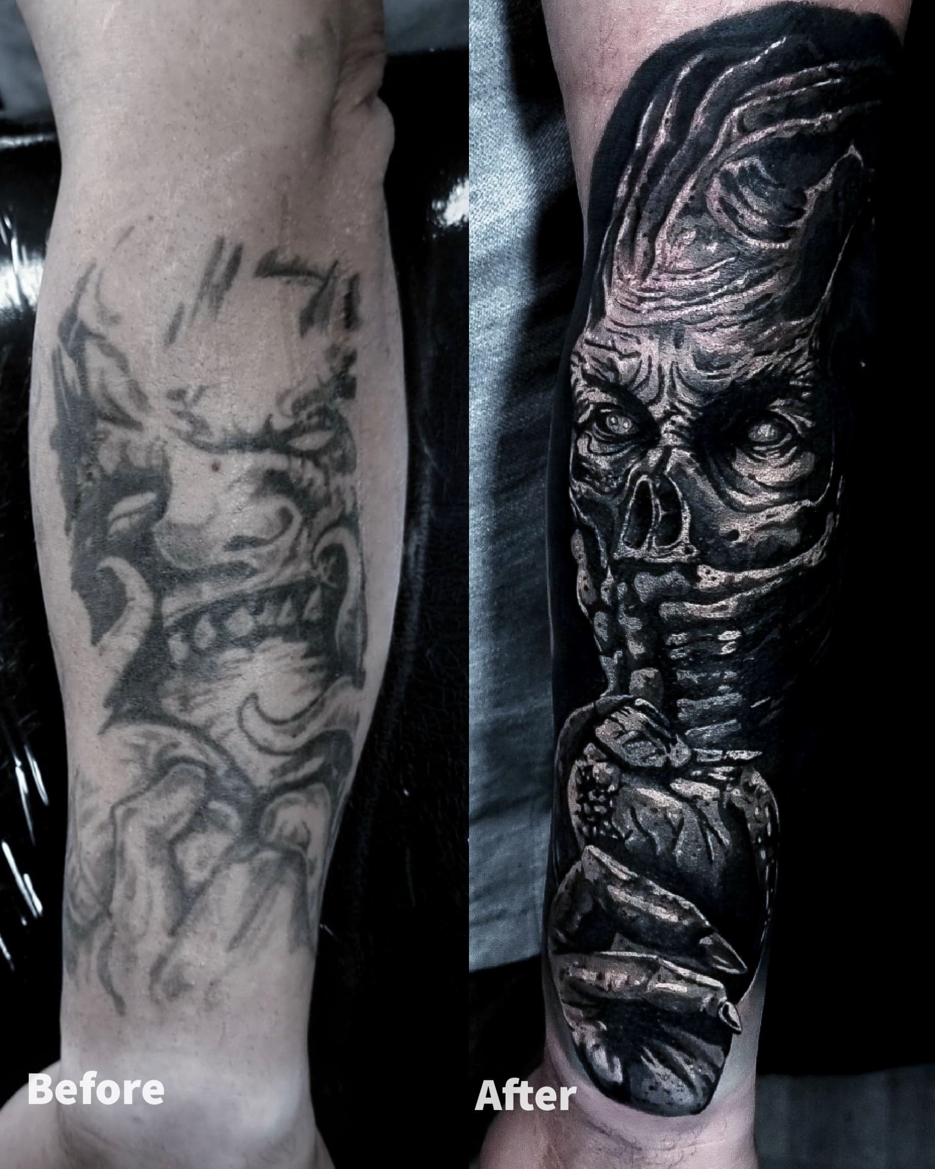 Cover up starego tatuazu na przedramieniu — mroczny demon z gestem ciszy i palaca sie swiatynia