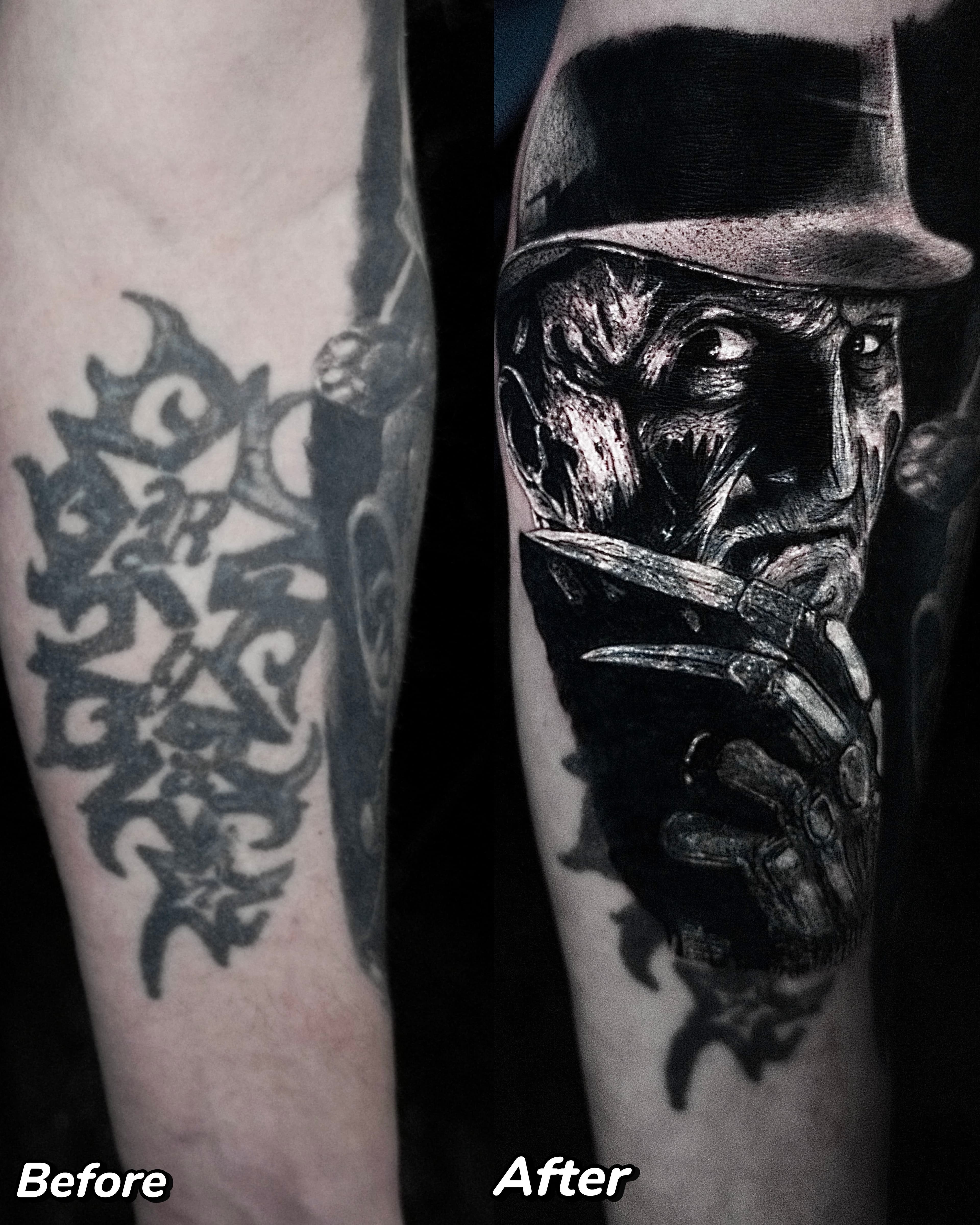 Cover up tribala na przedramieniu — Freddy Krueger z metalowa rekawica w stylu dark realizm