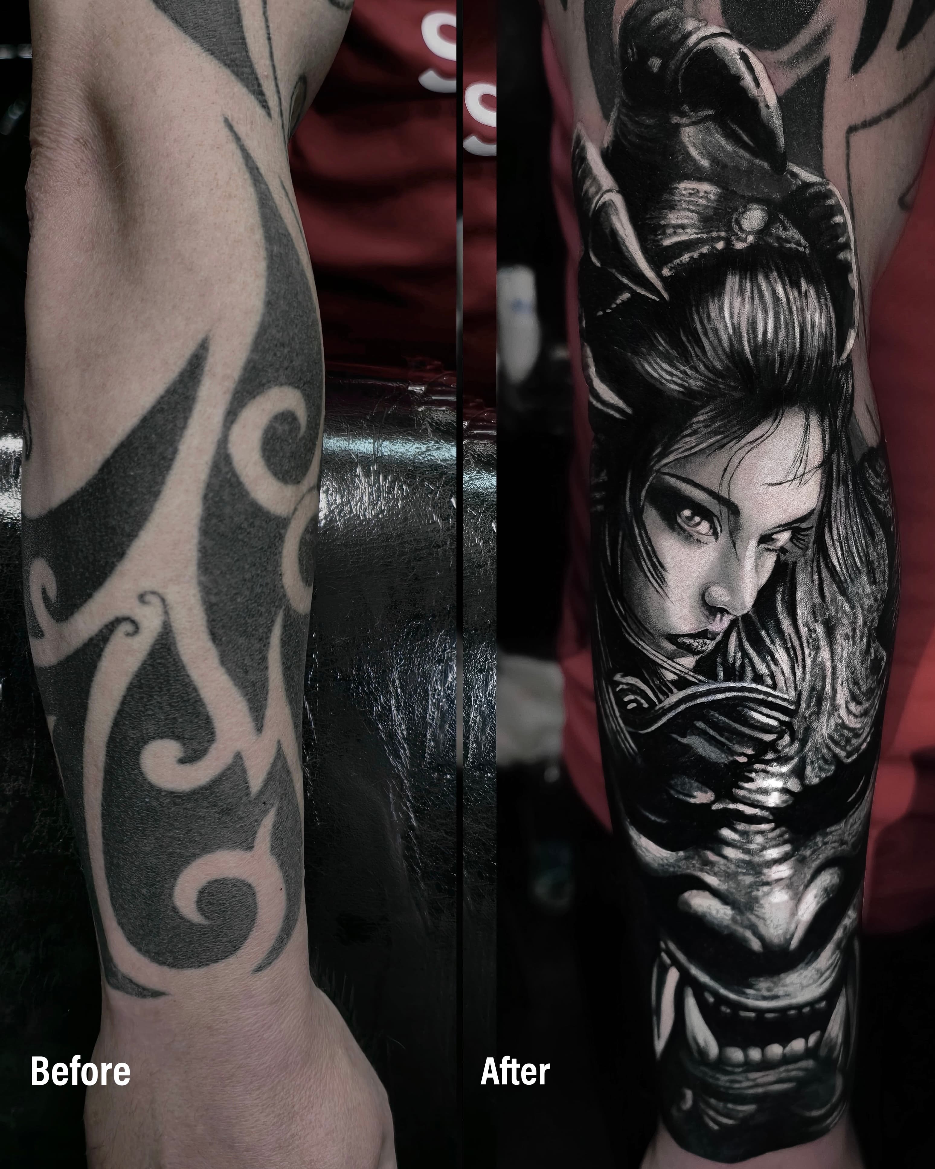 Cover up tribala na przedramieniu — gejsza z maska demona oni w stylu black and grey