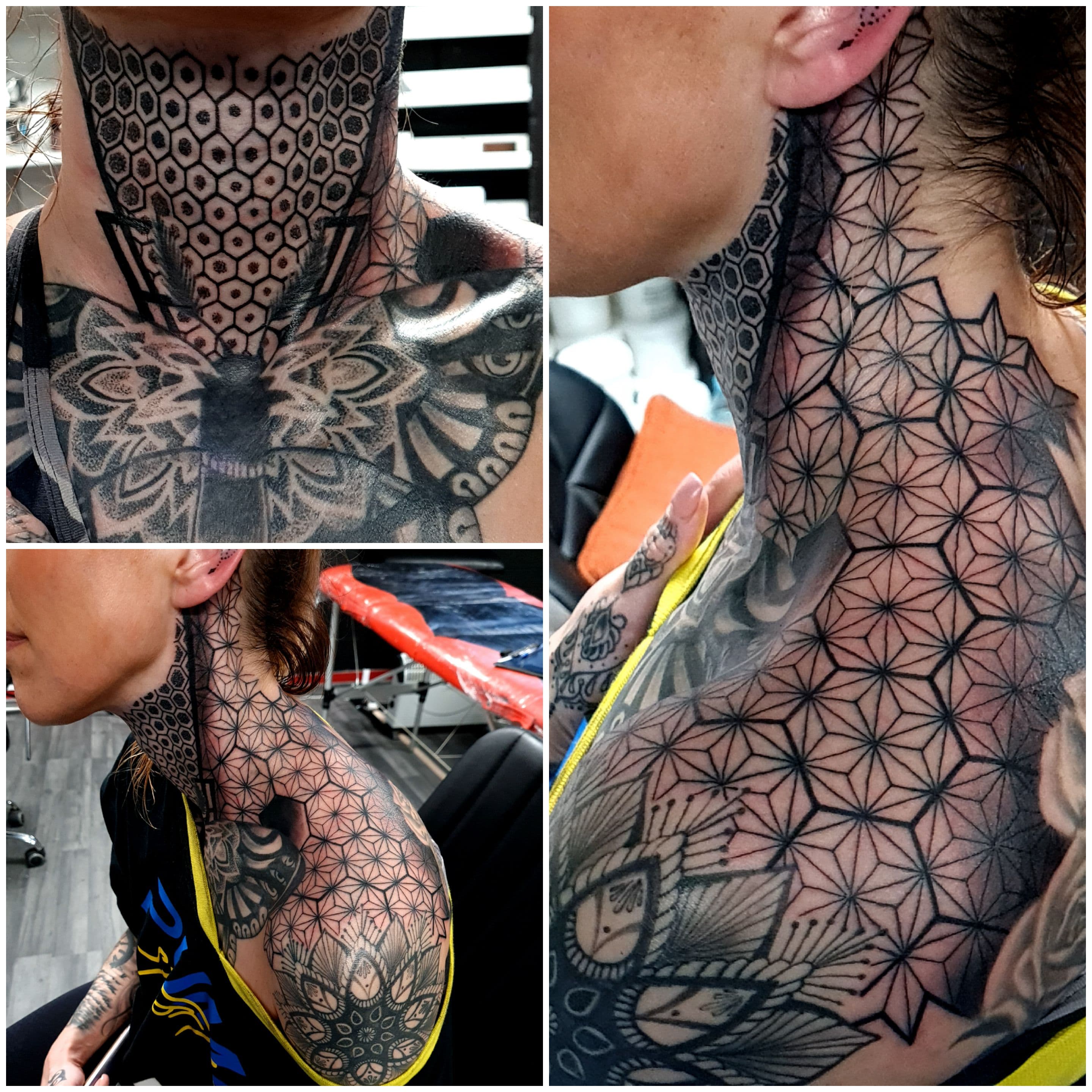 Geometryczne wzory kwiatowe i heksagonalne na szyi i klatce piersiowej w technice dotwork