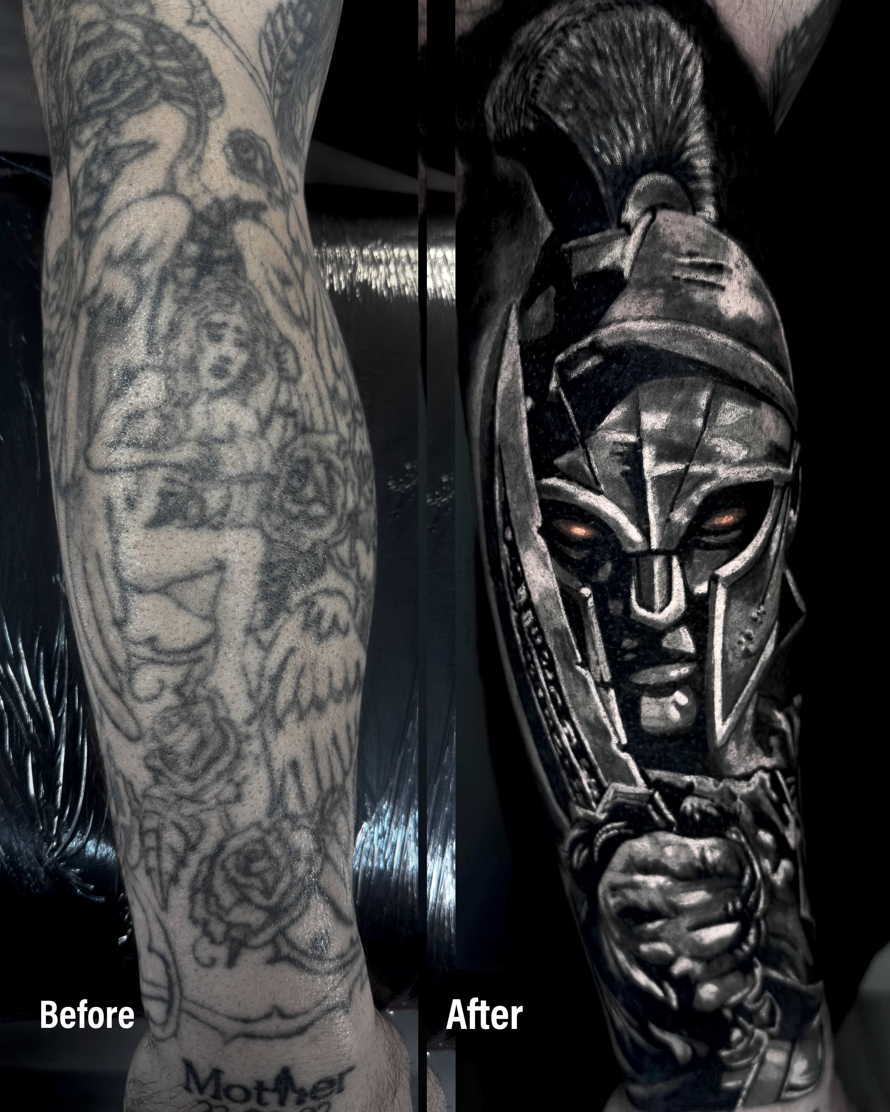 Cover up starych tatuazy na przedramieniu — gladiator w helmie z czerwonymi oczami