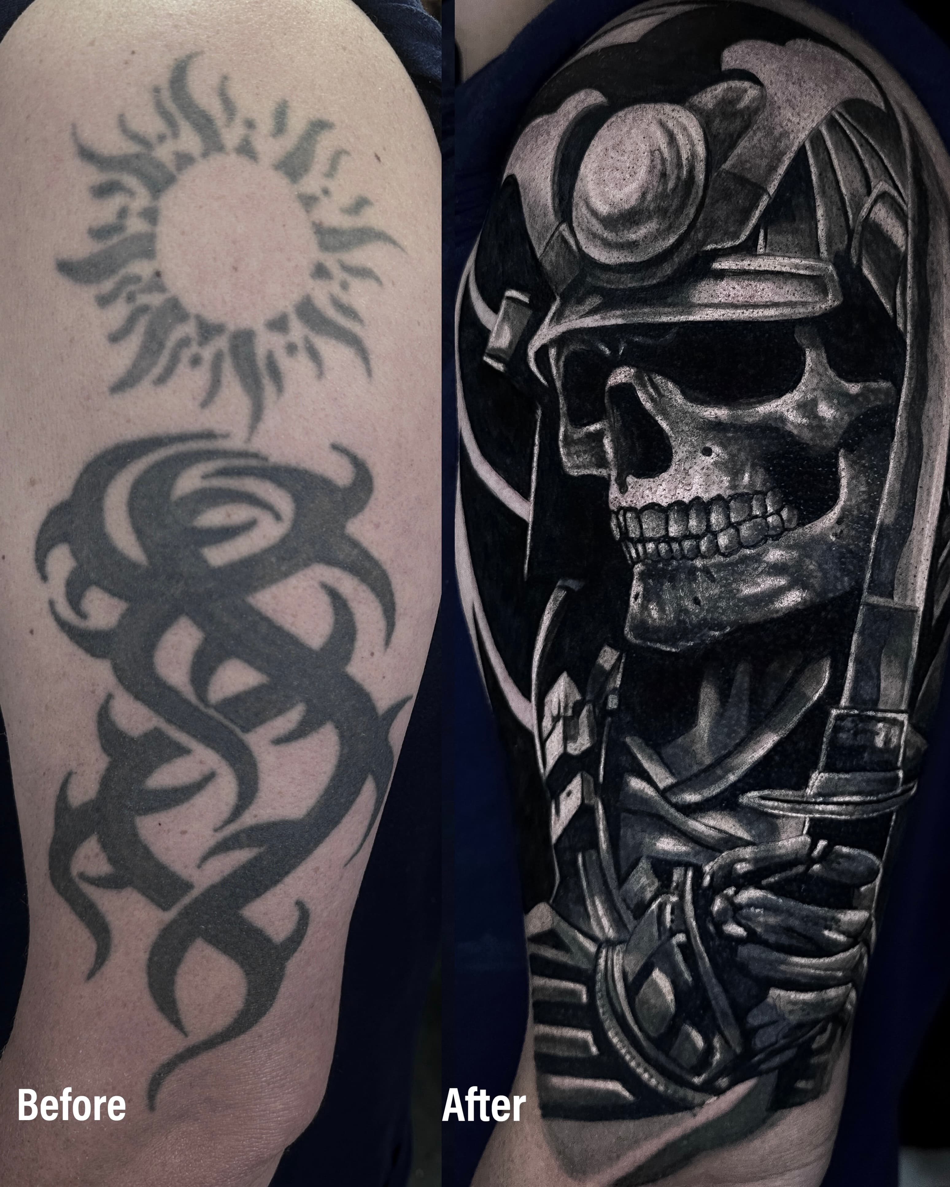 Cover up tribala na ramieniu — czaszka gornika w helmie z latarka i narzedziem
