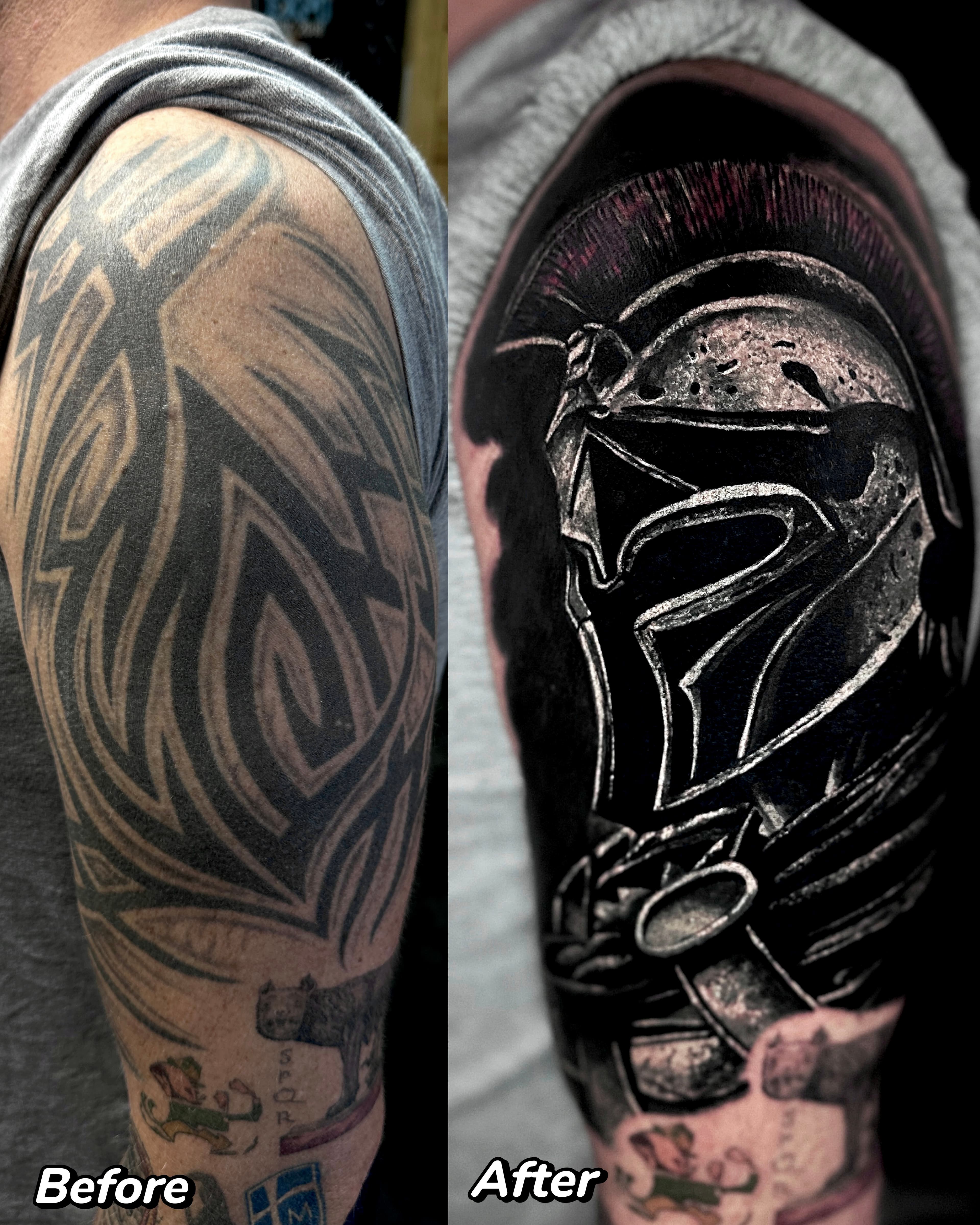 Cover up tribala na ramieniu — realistyczny helm spartanski z grzebieniem w stylu realizm