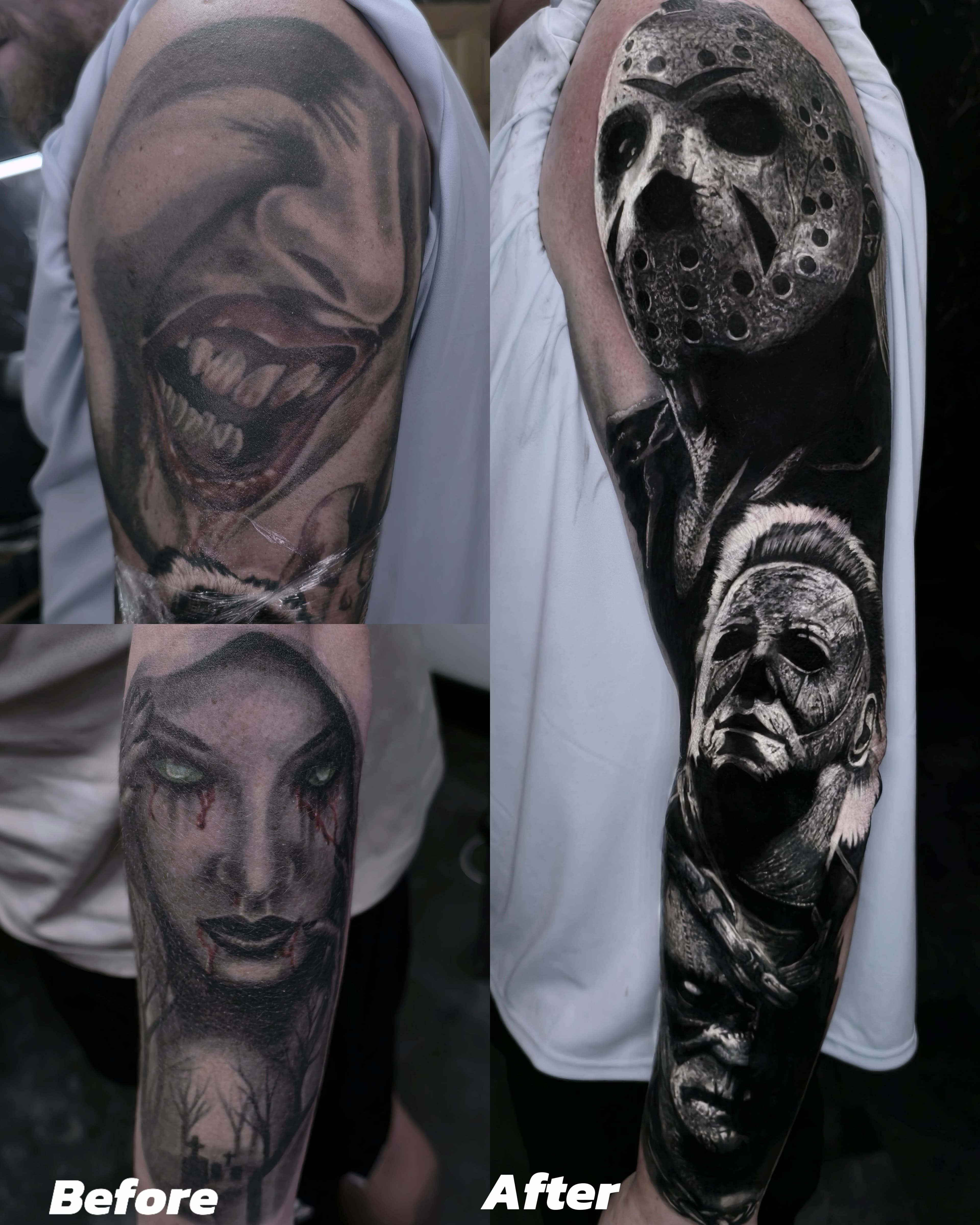 Cover up starych tatuazy na ramieniu — Jason Voorhees i Michael Myers na pelnym rekawie horror