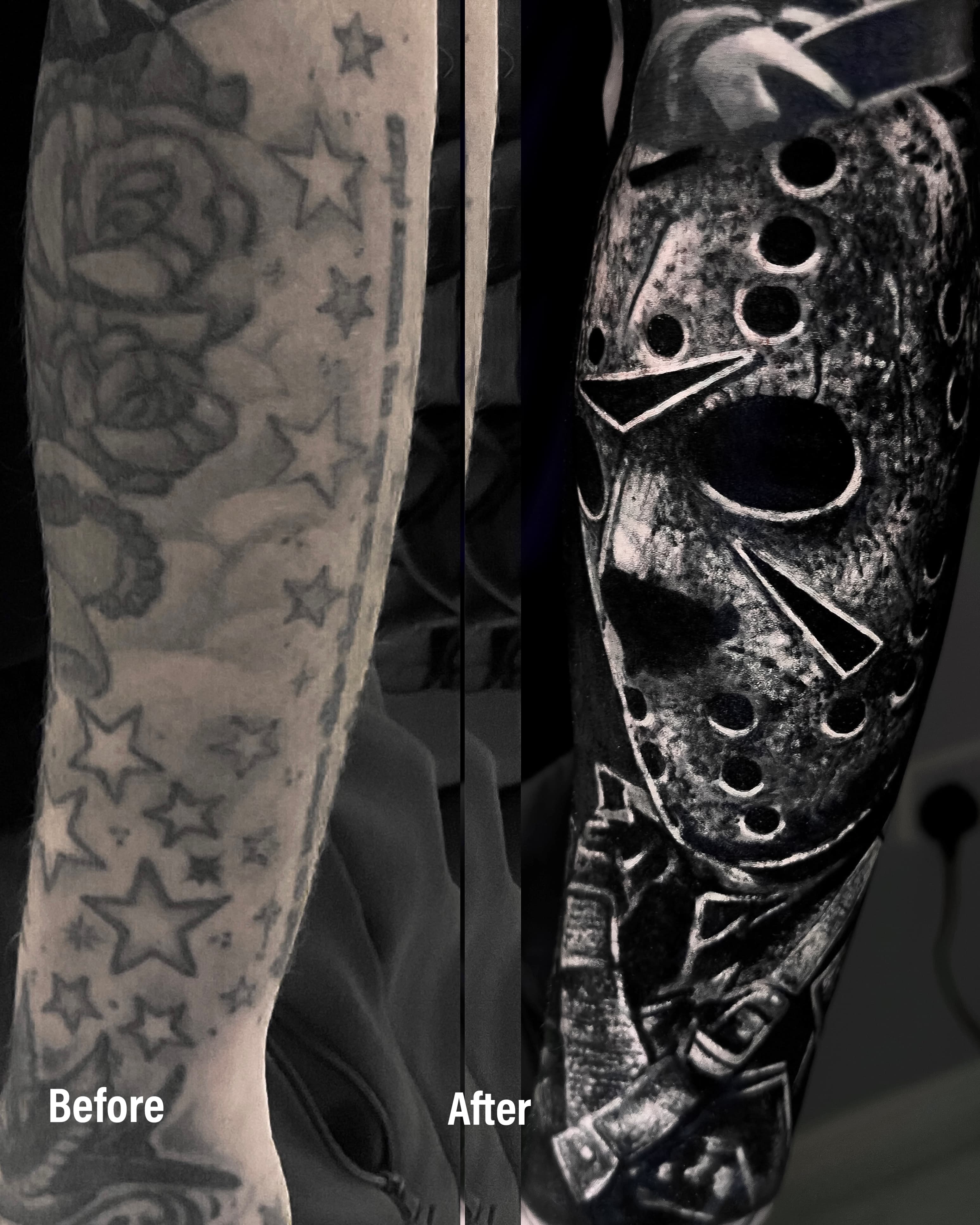 Cover up tatuazy gwiazd i roz na przedramieniu — maska Jasona Voorheesa w stylu realizm