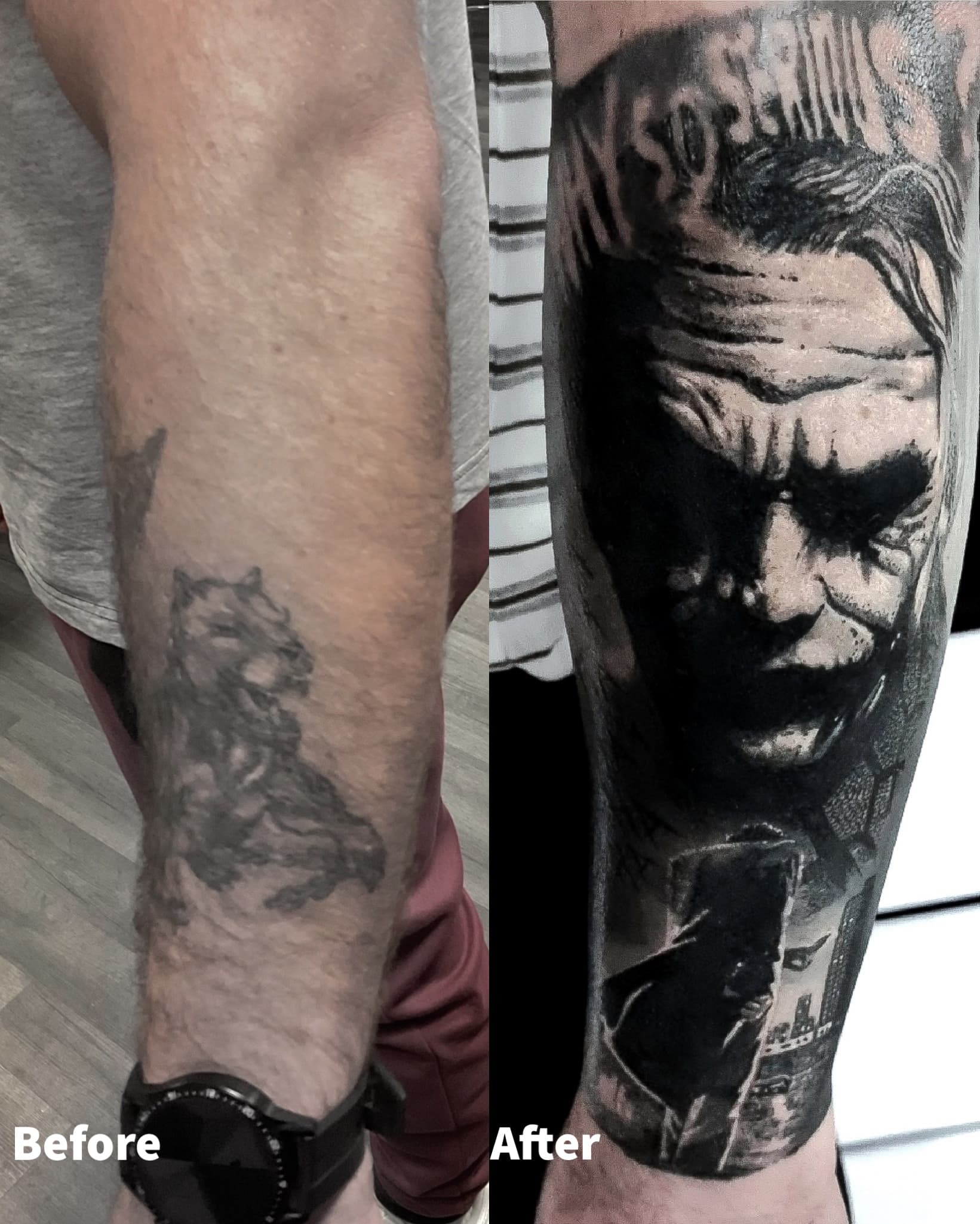 Cover up starego tatuazu na przedramieniu — realistyczny portret Jokera Heatha Ledgera