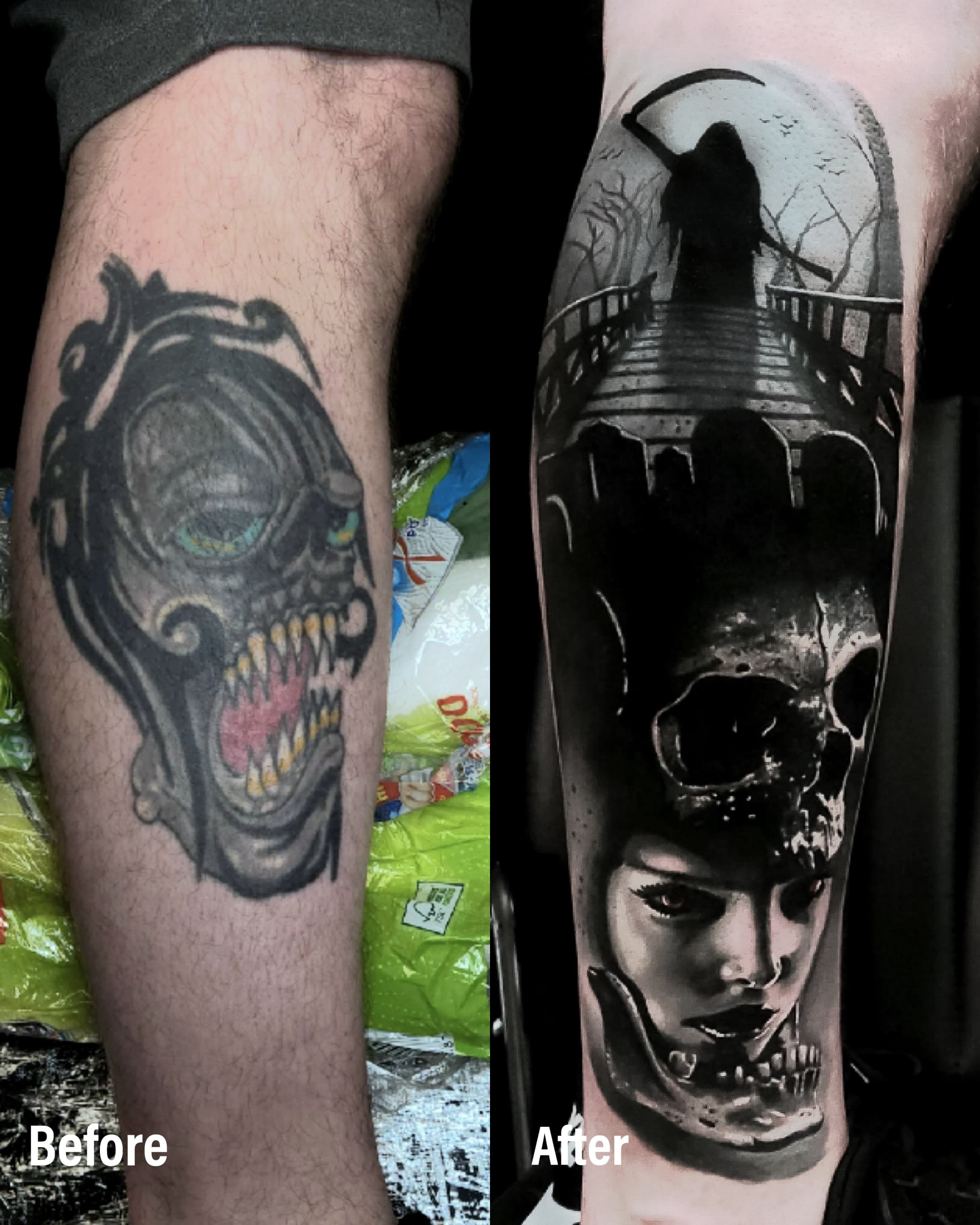Cover up tatuazu na przedramieniu — czaszka z kobieca twarza i kostucha na moscie