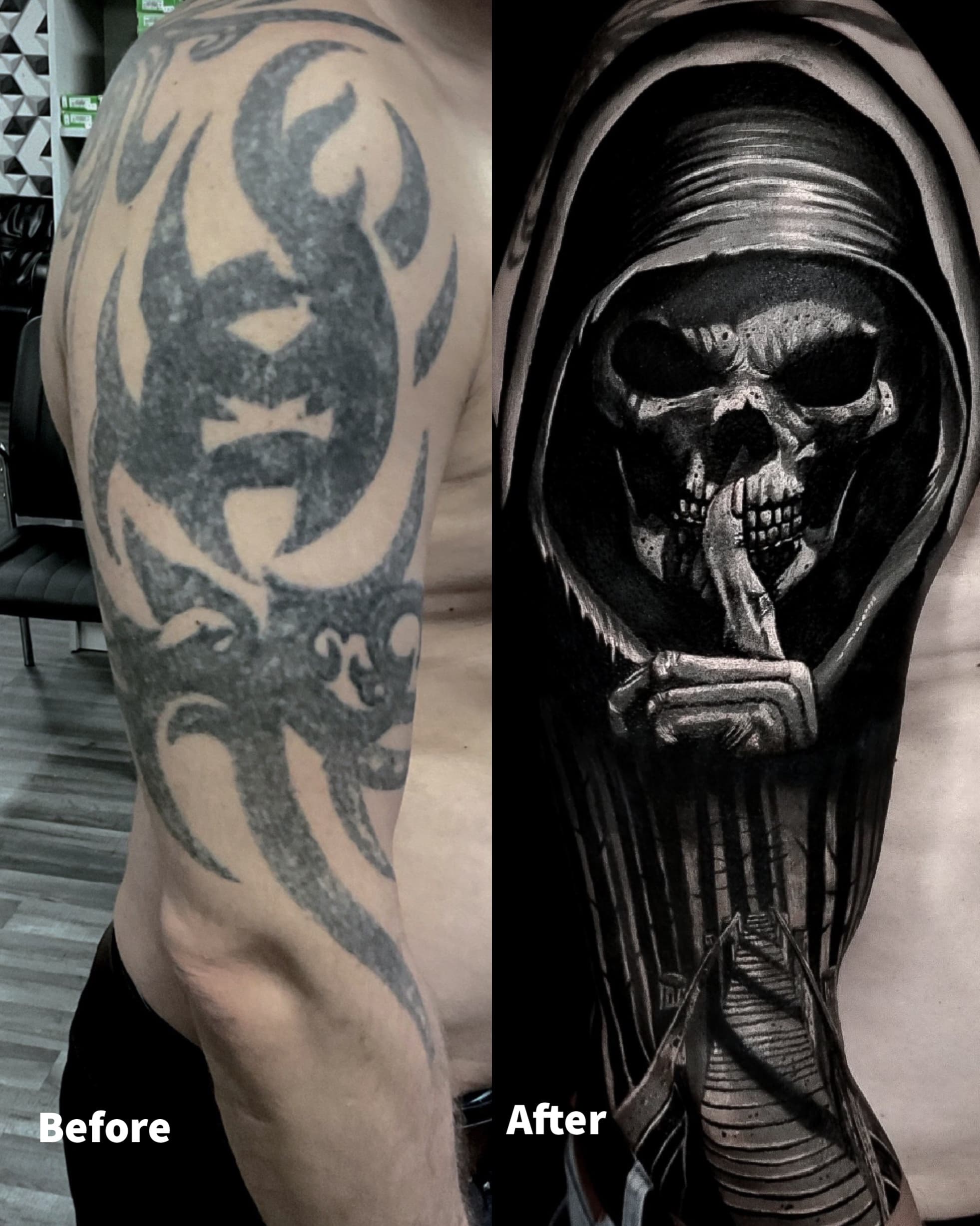 Cover up tribala na ramieniu — kostucha przykładajaca palec do ust z mostem w tle