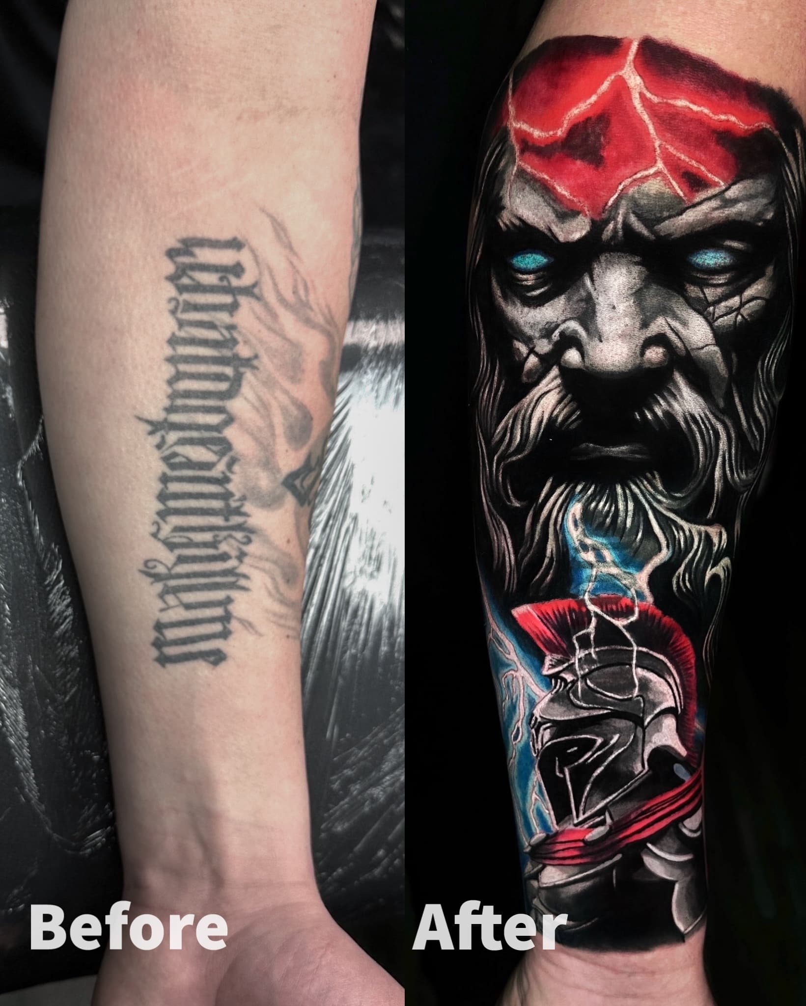 Cover up napisu gotyckiego na przedramieniu — Kratos z God of War z czerwonymi blyskawicami