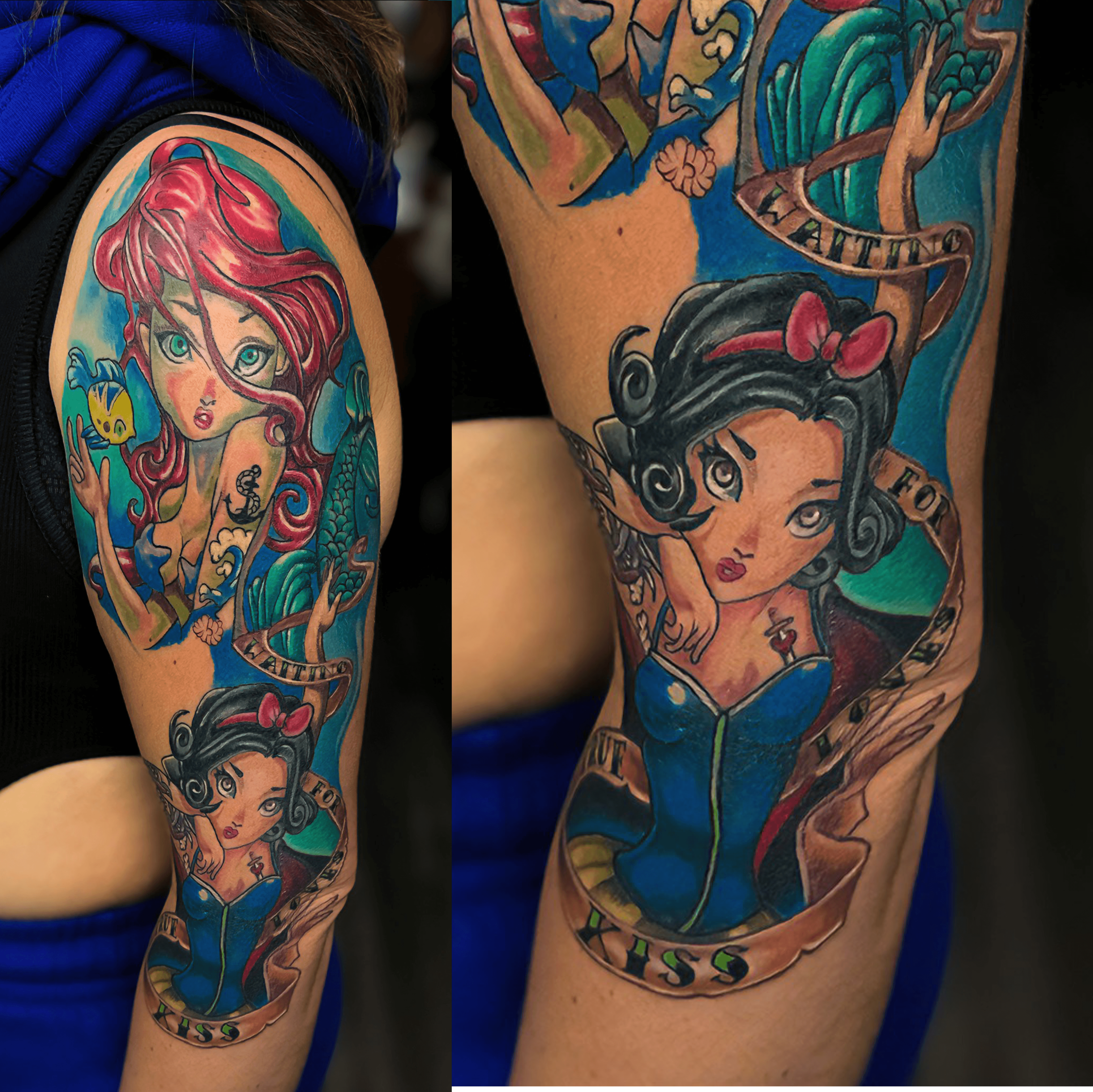 Kolorowy rękaw tatuazu z postaciami Disneya - Arielką i Królewną Śnieżką w stylu cartoon