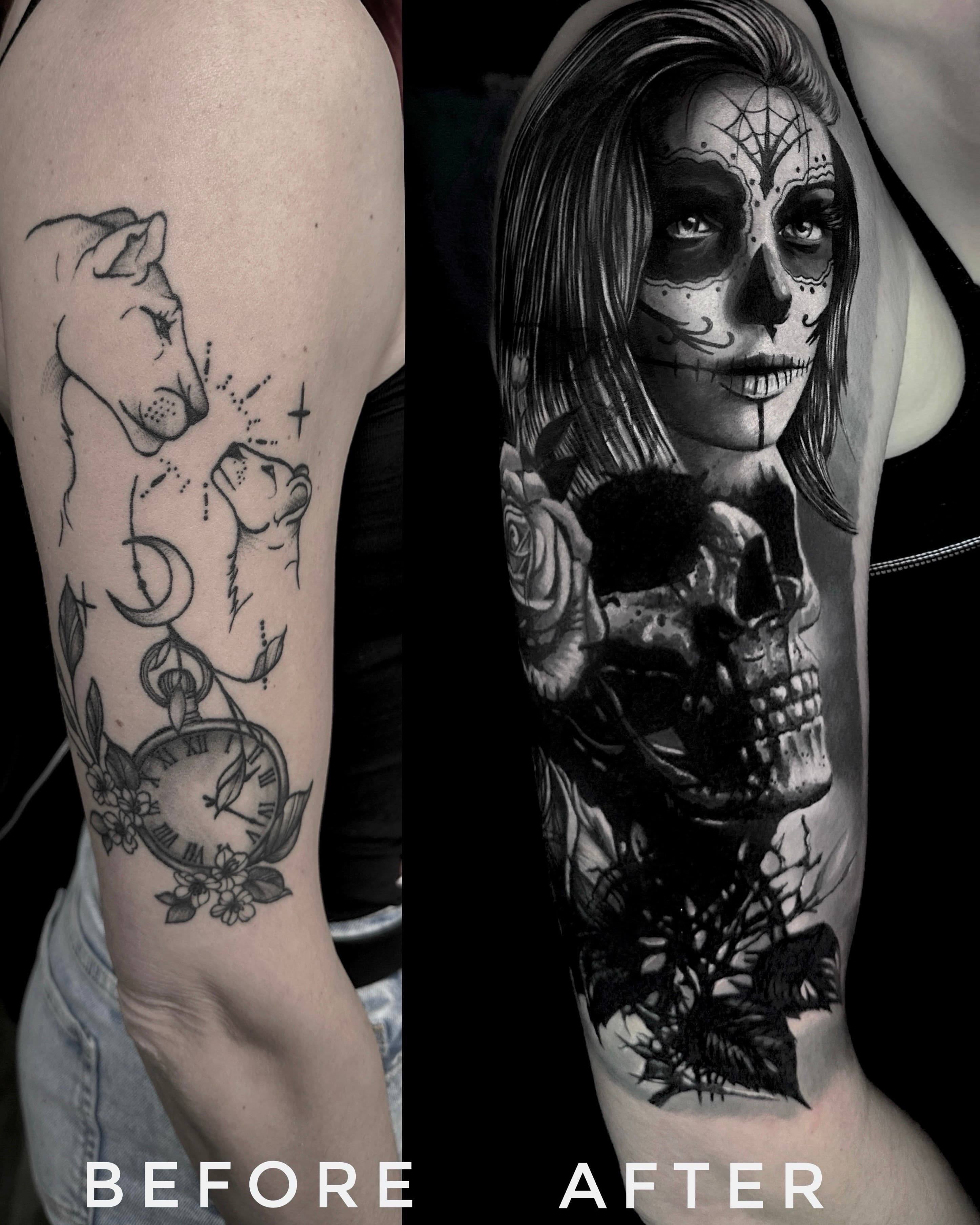 Cover up starych tatuazy na ramieniu — La Catrina z roza i czaszka w stylu realizm