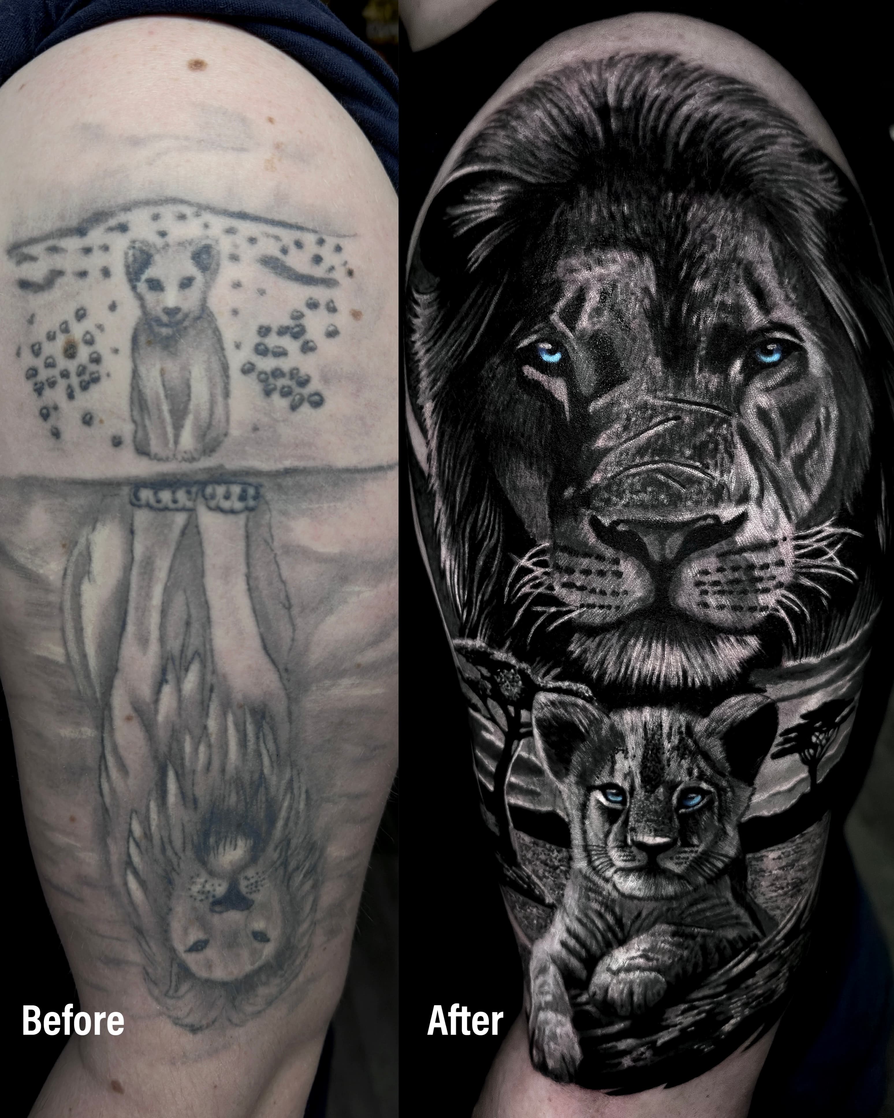Cover up geparda na ramieniu — realistyczny lew z niebieskimi oczami i lwiatko