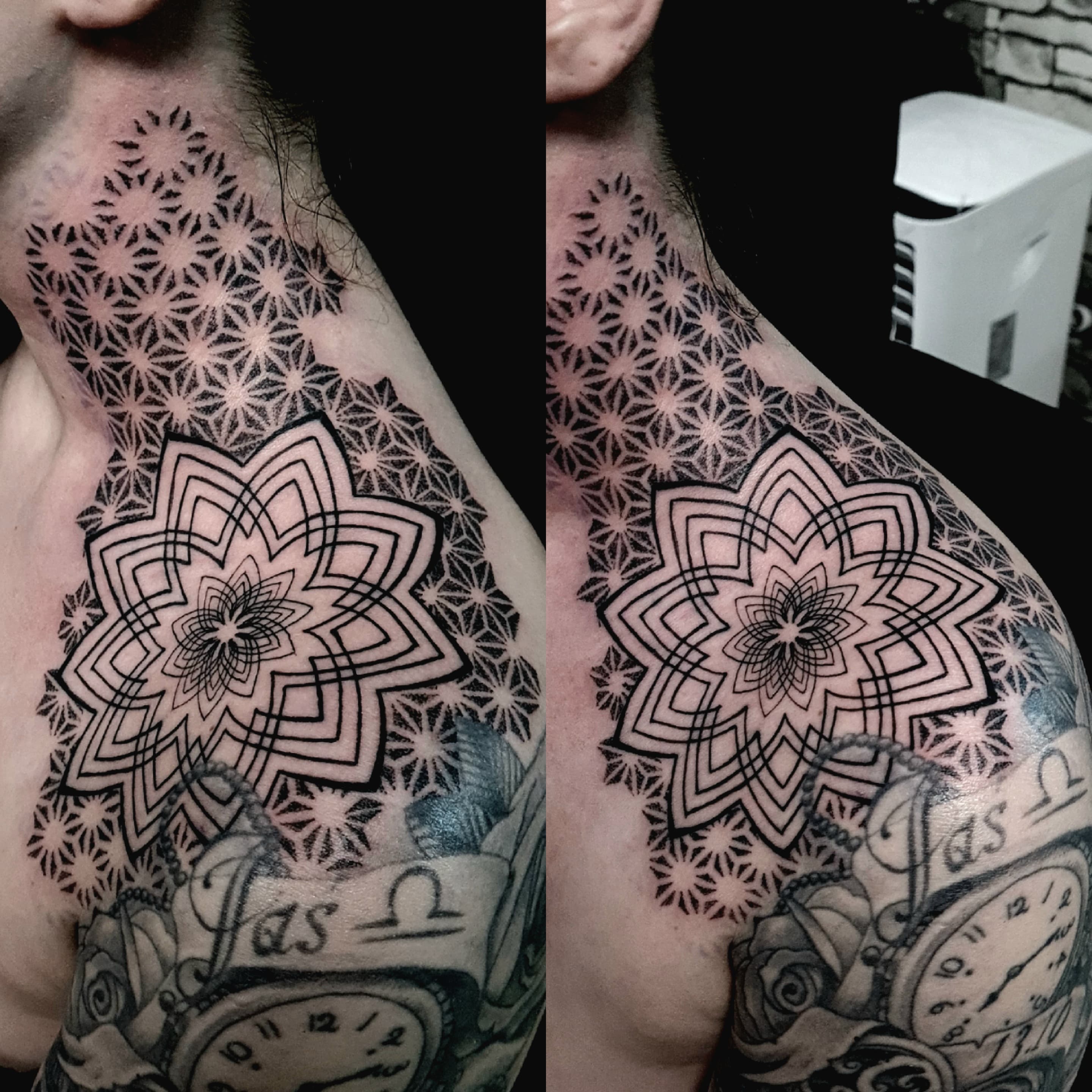 Geometryczny tatuaz mandali z kwiatem zycia na ramieniu i szyi mezczyzny