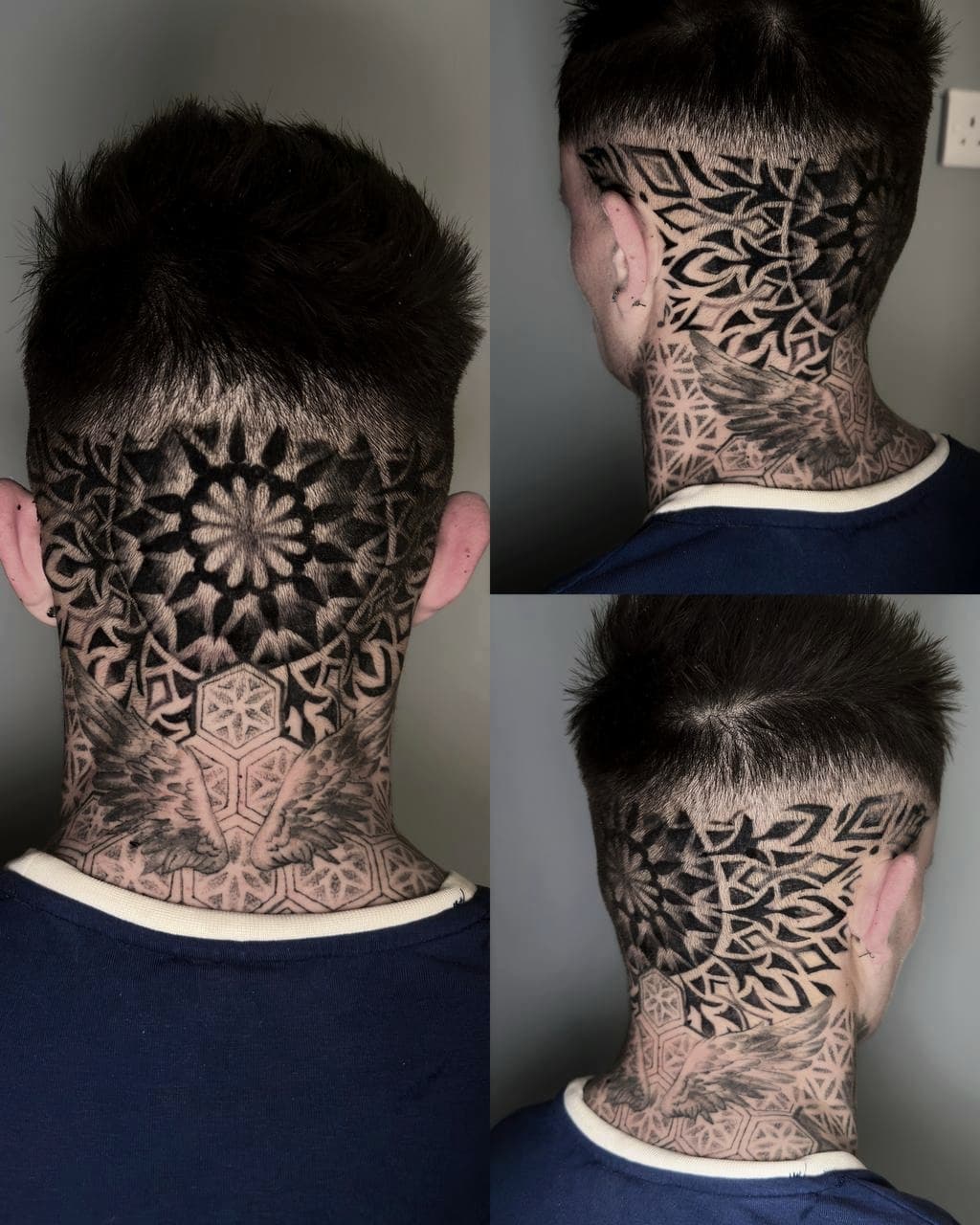 Geometryczny tatuaz mandali na głowie i szyi z czterech perspektyw z precyzyjnymi wzorami dotwork