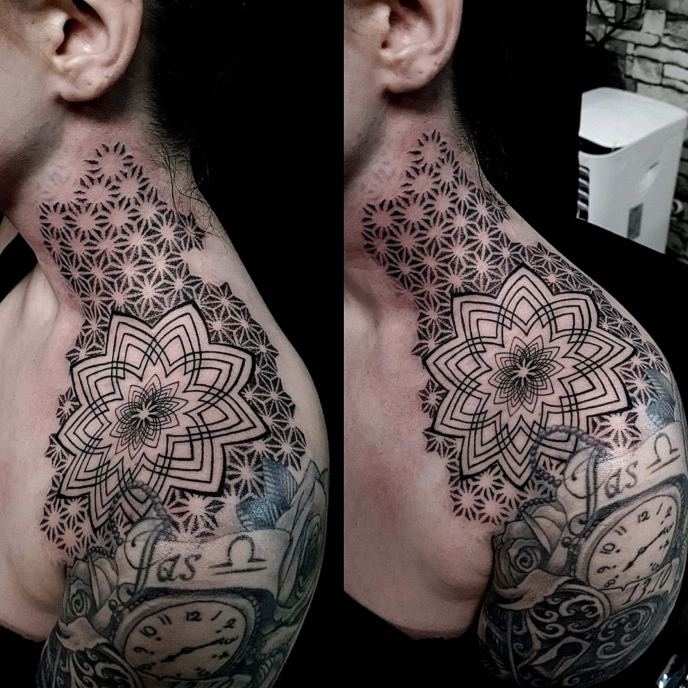 Geometryczny tatuaz mandali z wzorem kwiatowym na szyi i ramieniu w technice dotwork