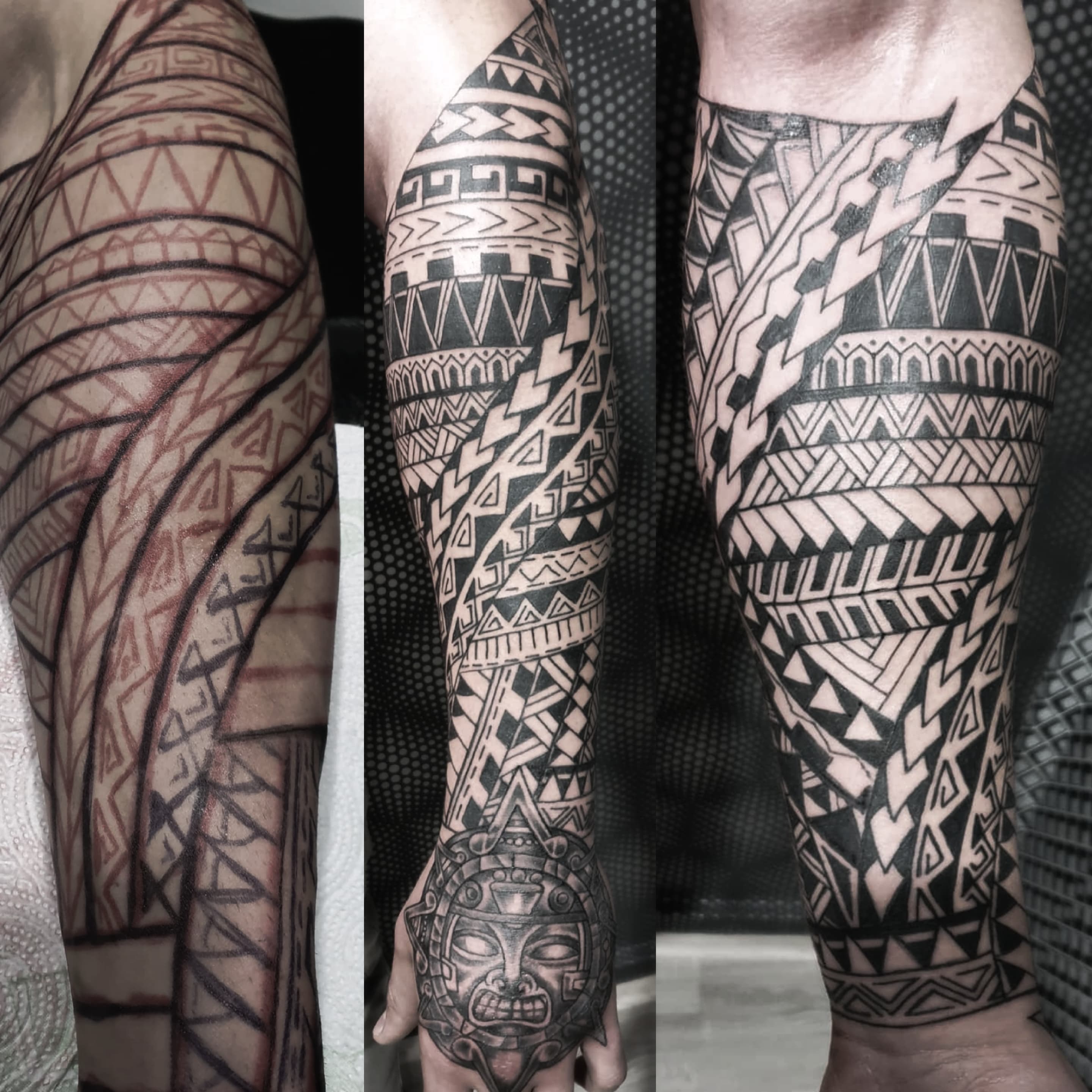 Polinezyjski tatuaz na przedramieniu z tradycyjnymi wzorami maori i maską tiki