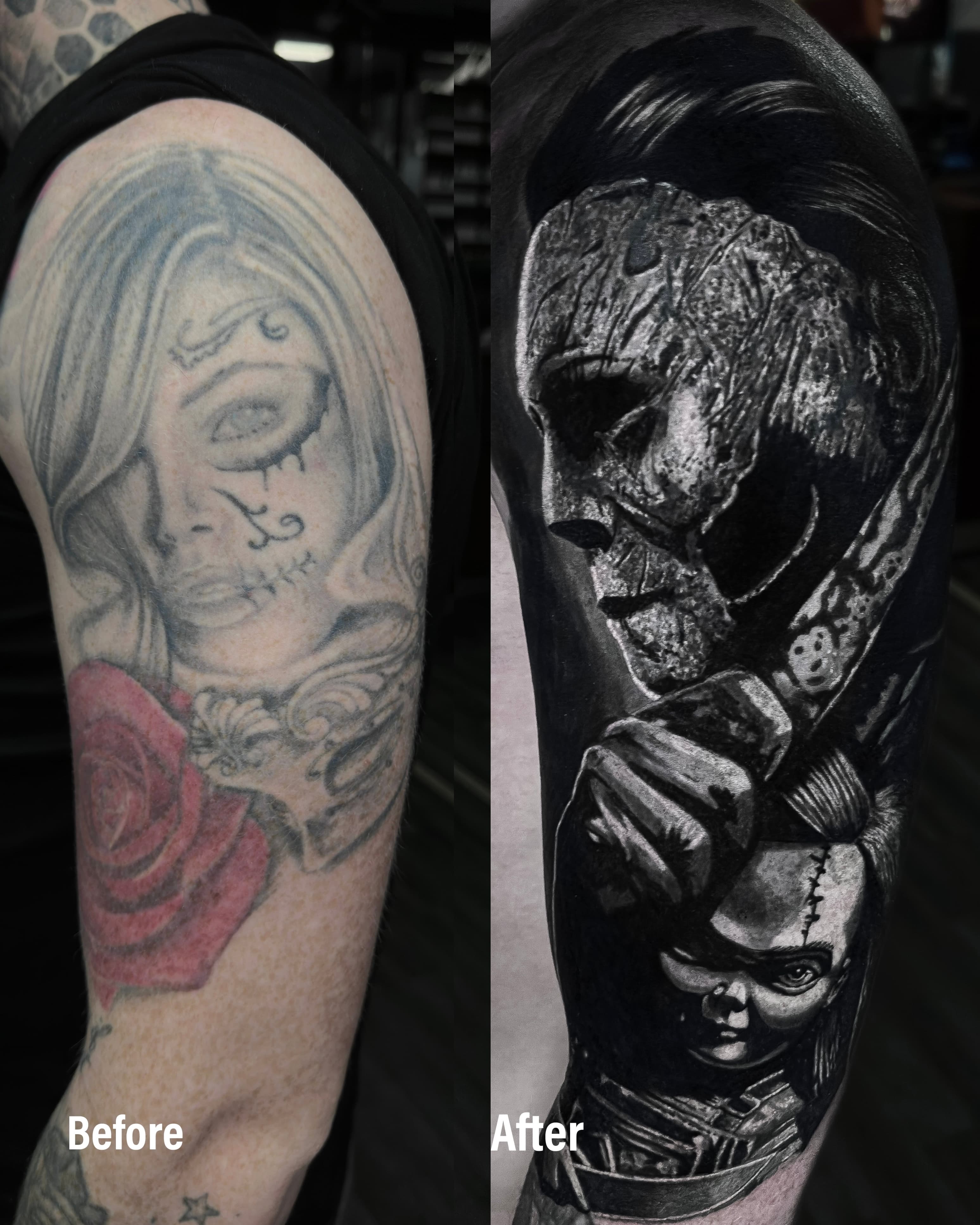 Cover up tatuazu kobiety na ramieniu — Michael Myers z nozem i lalka Chucky w stylu horror