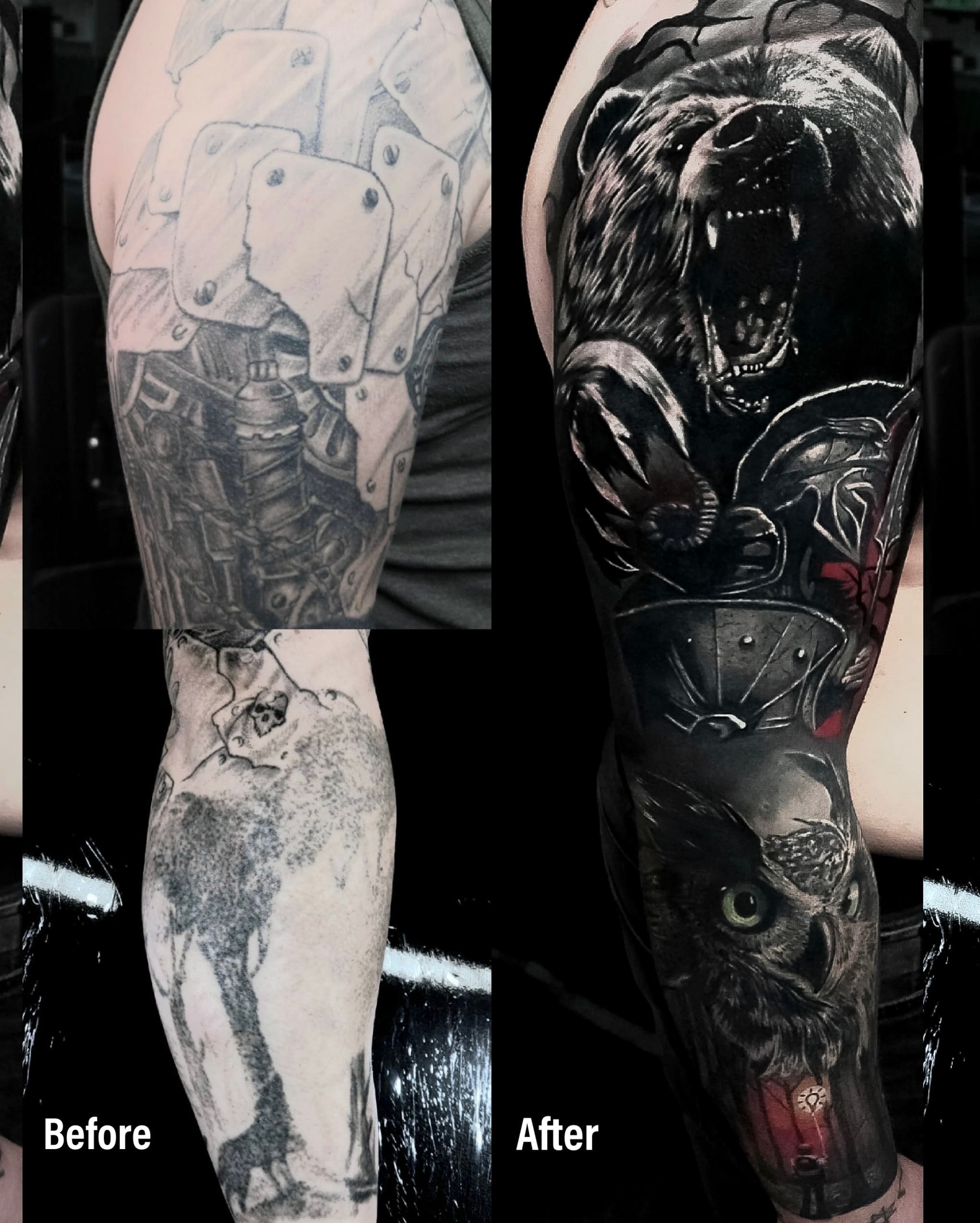 Cover up starych tatuazy na ramieniu — ryczacy niedzwiedz z rycerzem i wilkiem