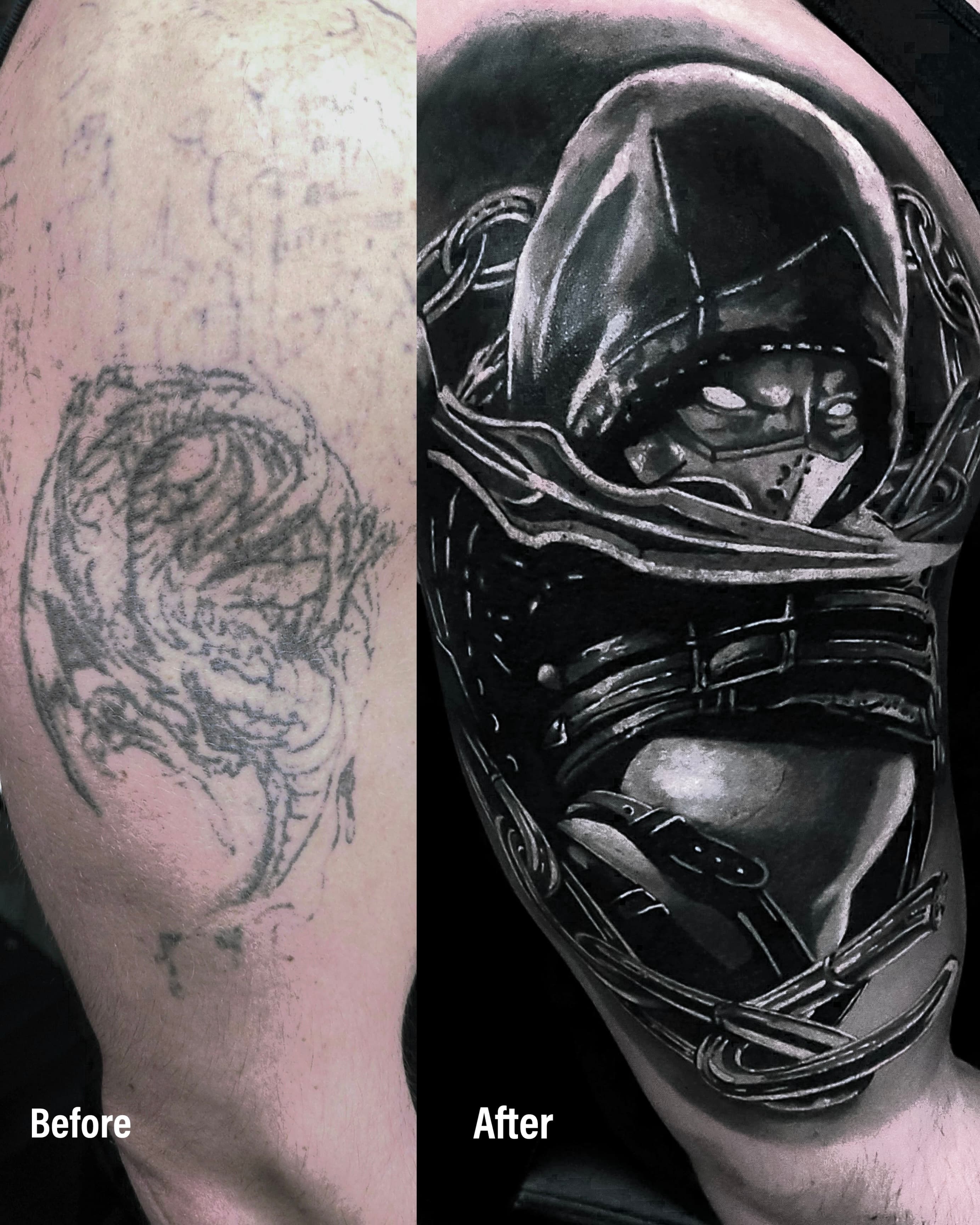 Cover up starego smoka na ramieniu — Noob Saibot z Mortal Kombat w zbroi z lancuchami