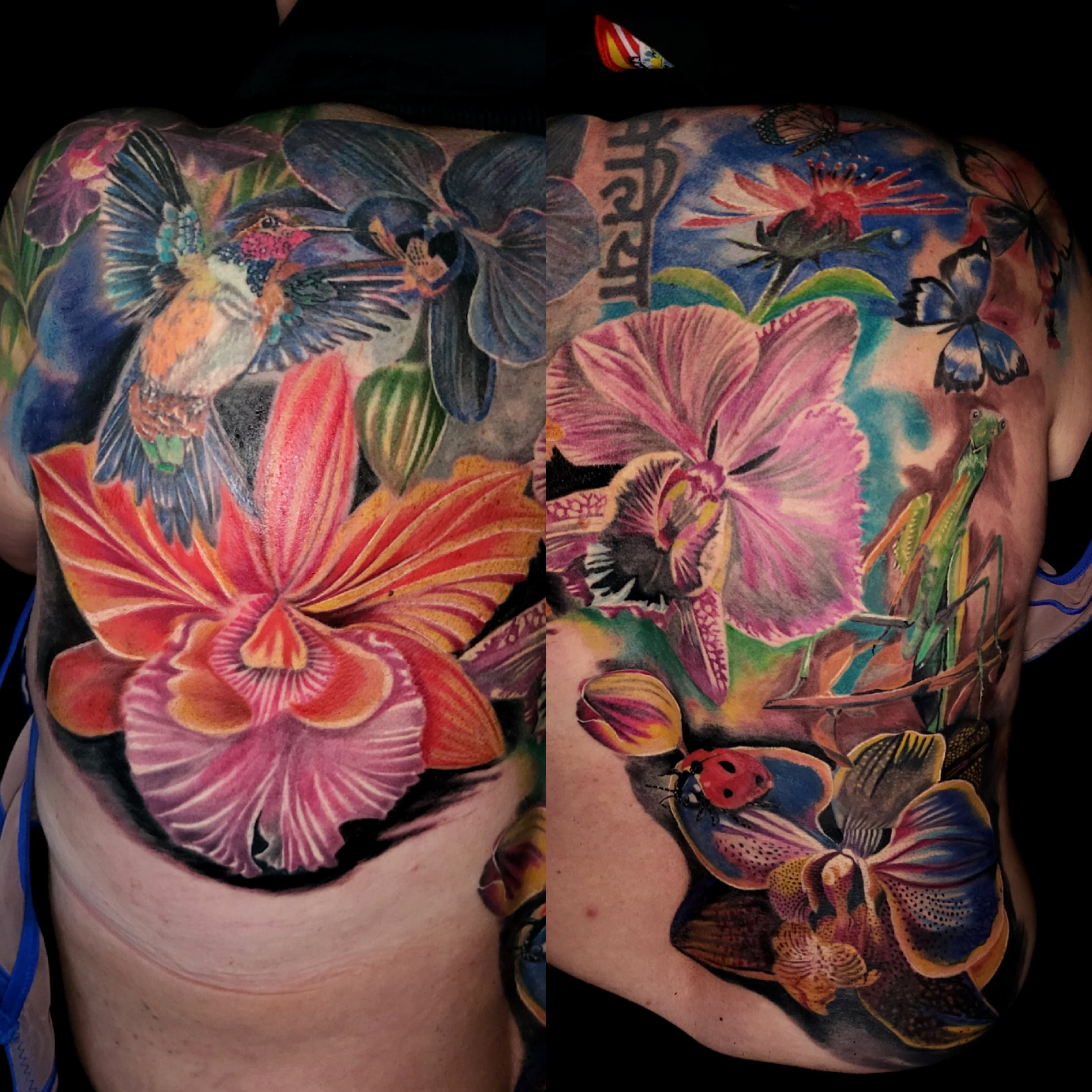 Kolorowy realistyczny tatuaz kwiatów orchidei z kolibrem i biedronką na plecach