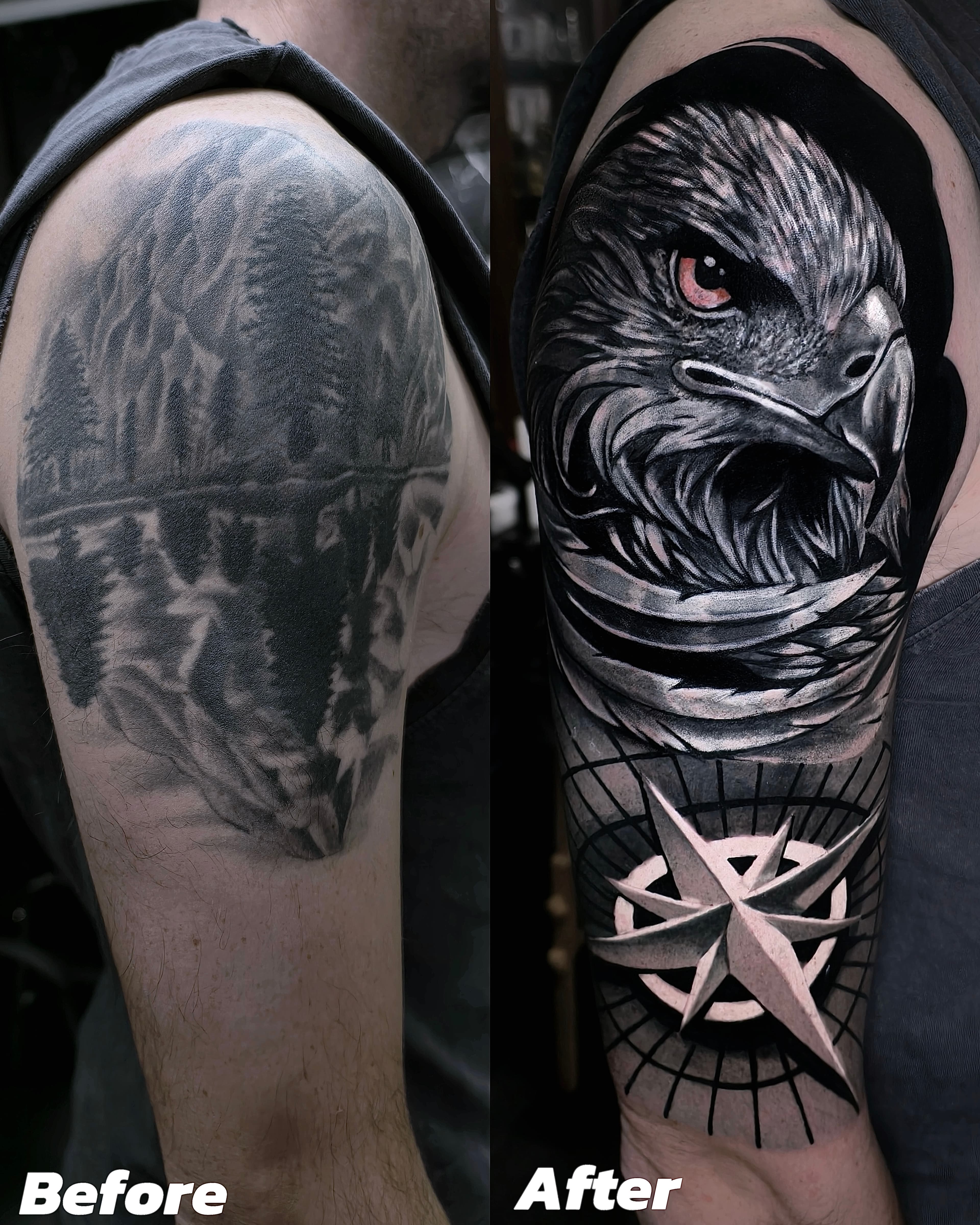 Cover up krajobrazu na ramieniu — realistyczny orzel z roża wiatrow i gwiazdą