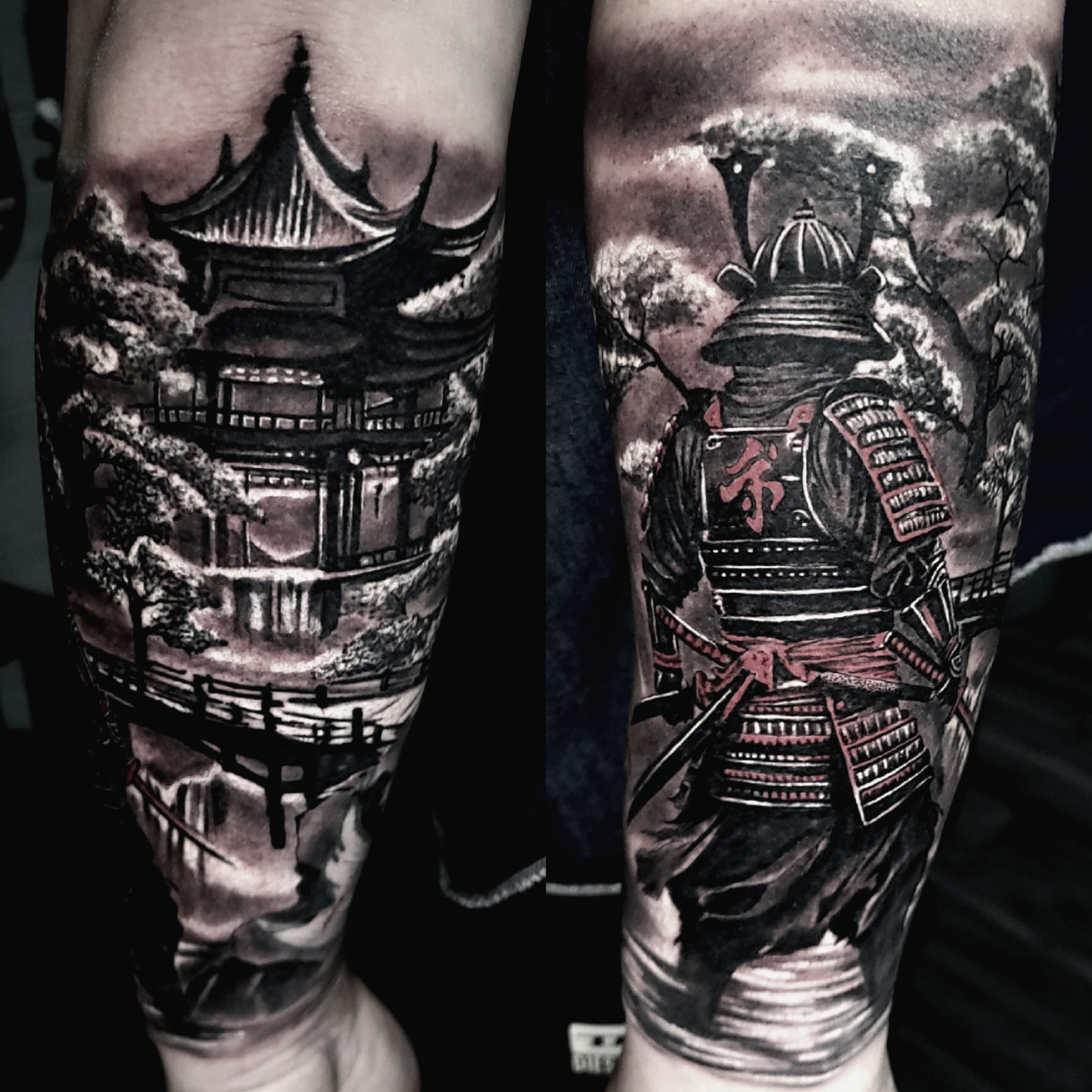 Realistyczny tatuaz japońskiej świątyni pagody i samuraja na przedramieniu w czerni i szarościach