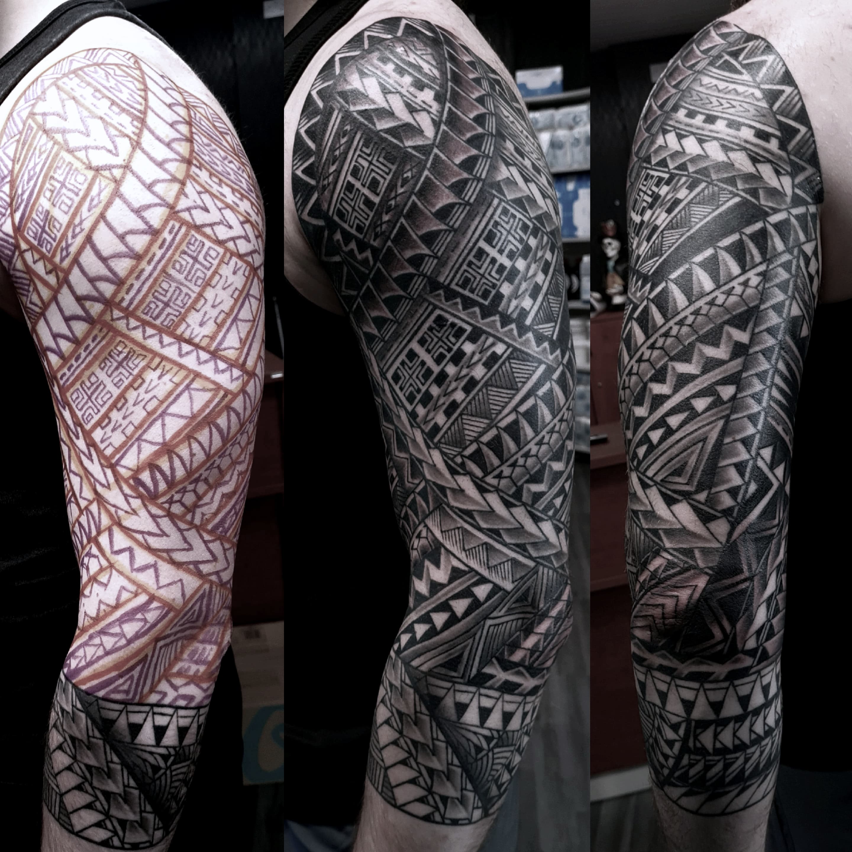 Polinezyjski rekaw tribal od szkicu do gotowego tatuazu na calym ramieniu w trzech etapach