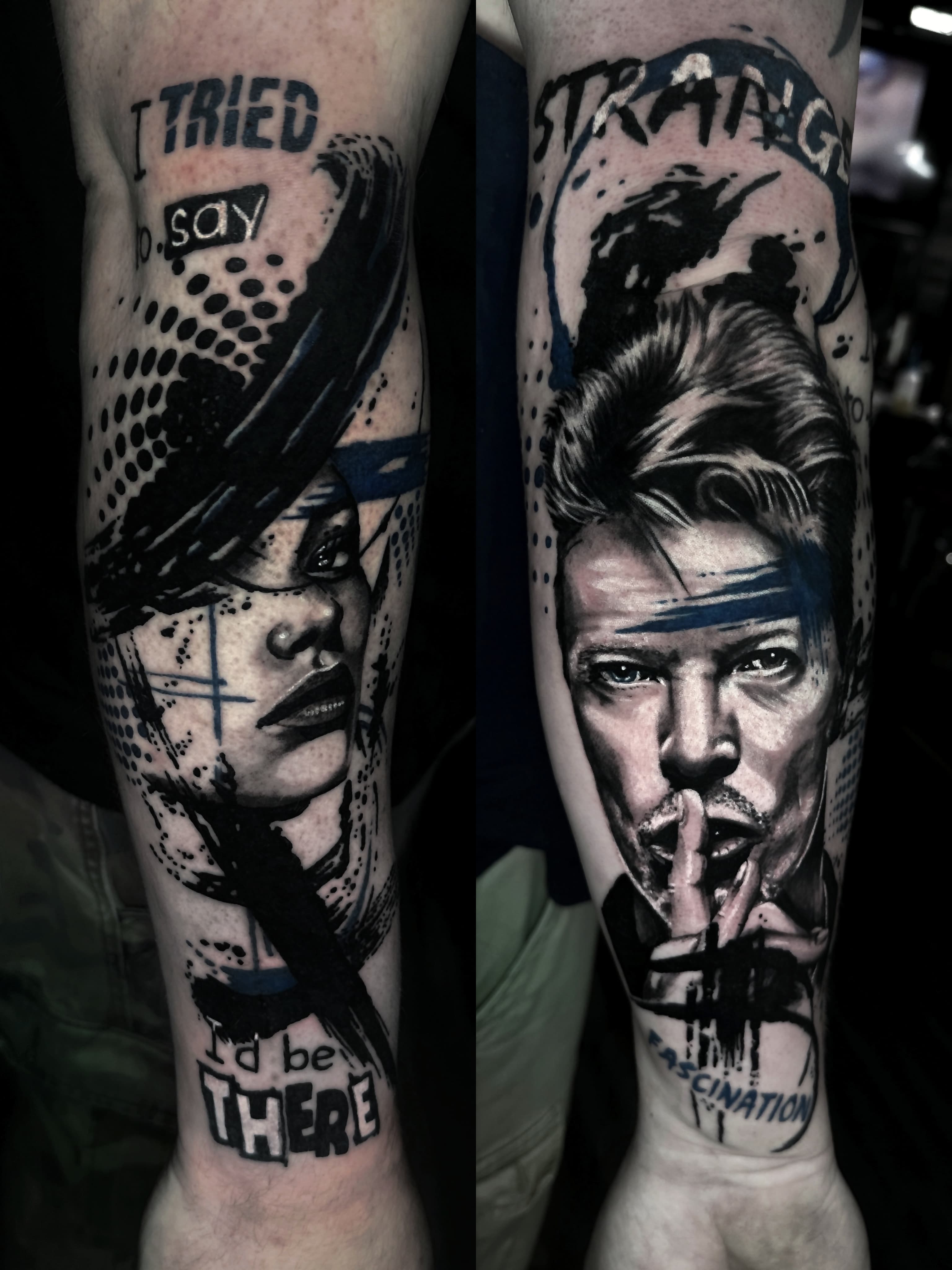 Tatuaz w stylu trash polka z portretami i napisami na przedramieniu w czerni i szarosci