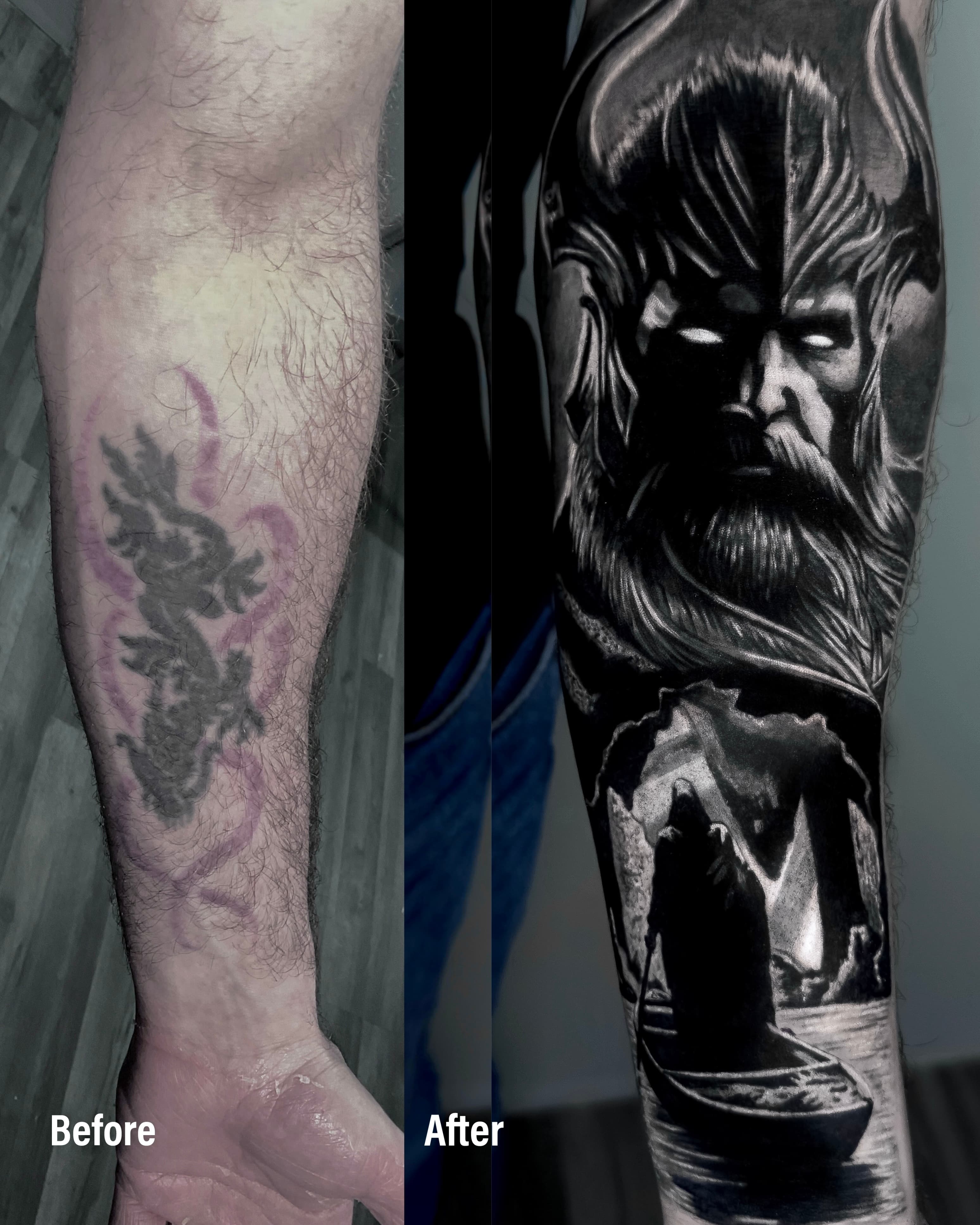 Cover up smoka na przedramieniu — Posejdon z blyskawicami i swiatynia grecka