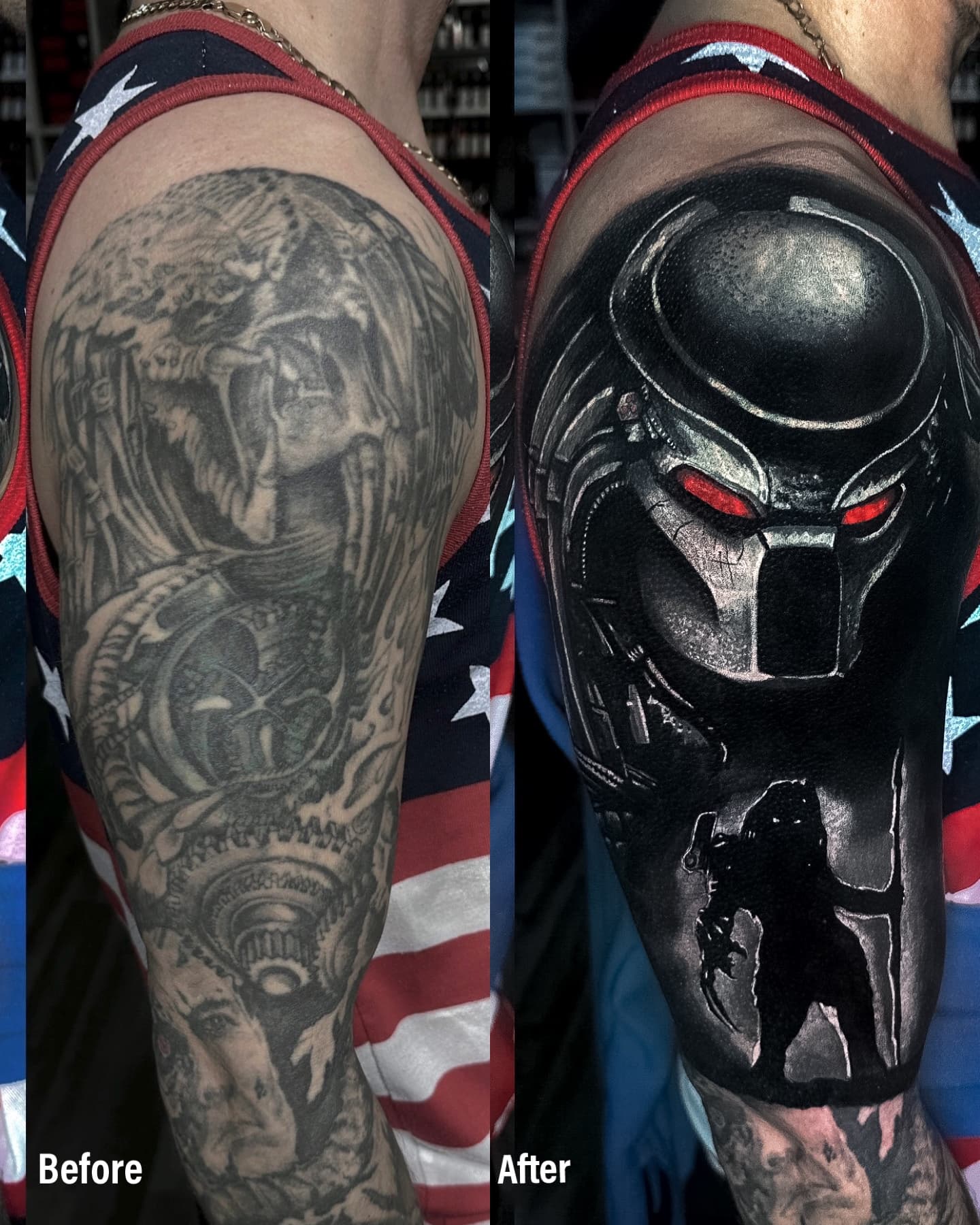 Cover up tatuazu na ramieniu — stary rekaw zamieniony na realistycznego Predatora w odcieniach szarosci