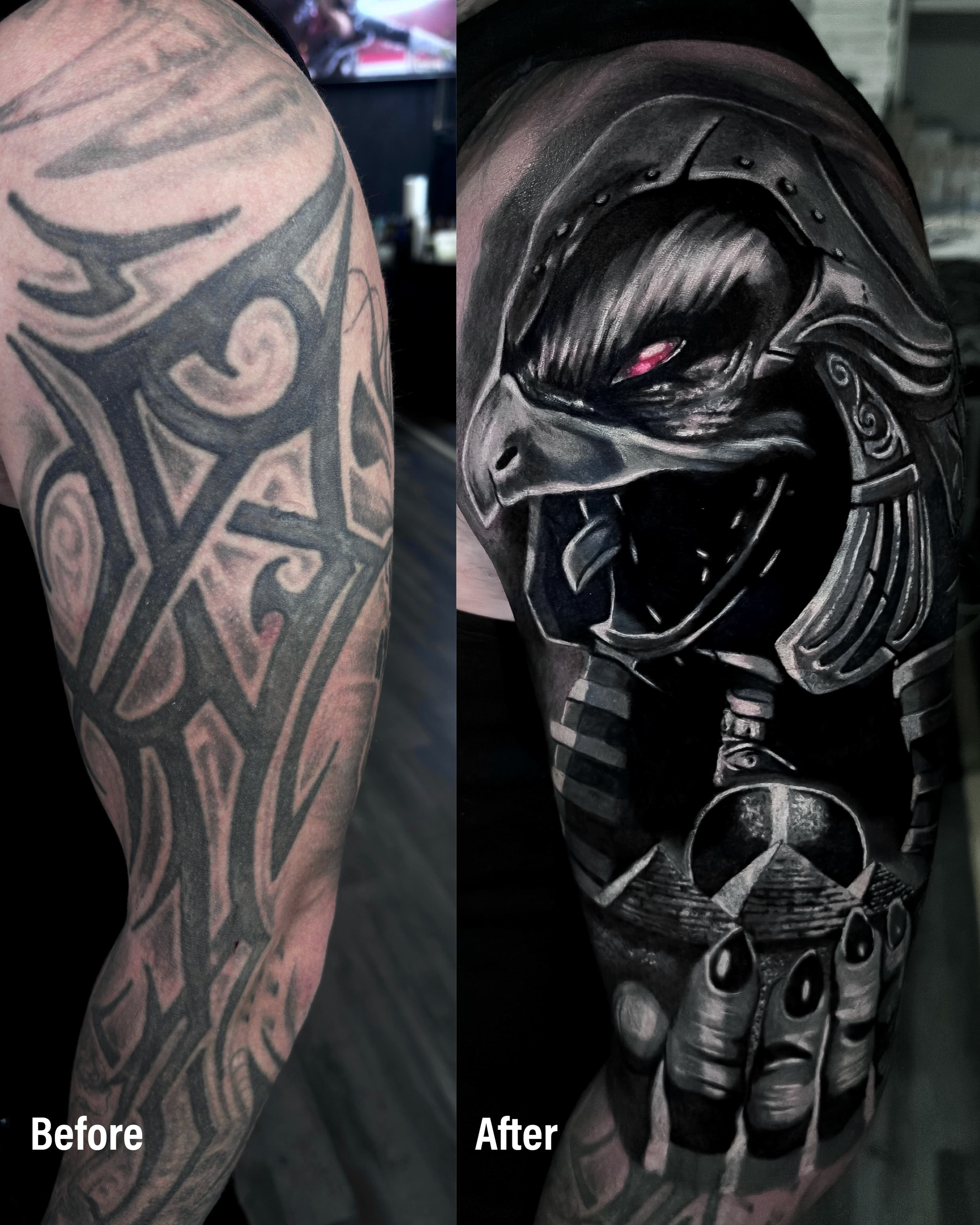 Cover up tribala na ramieniu — Reptile z Mortal Kombat z klepsydra w stylu dark realizm