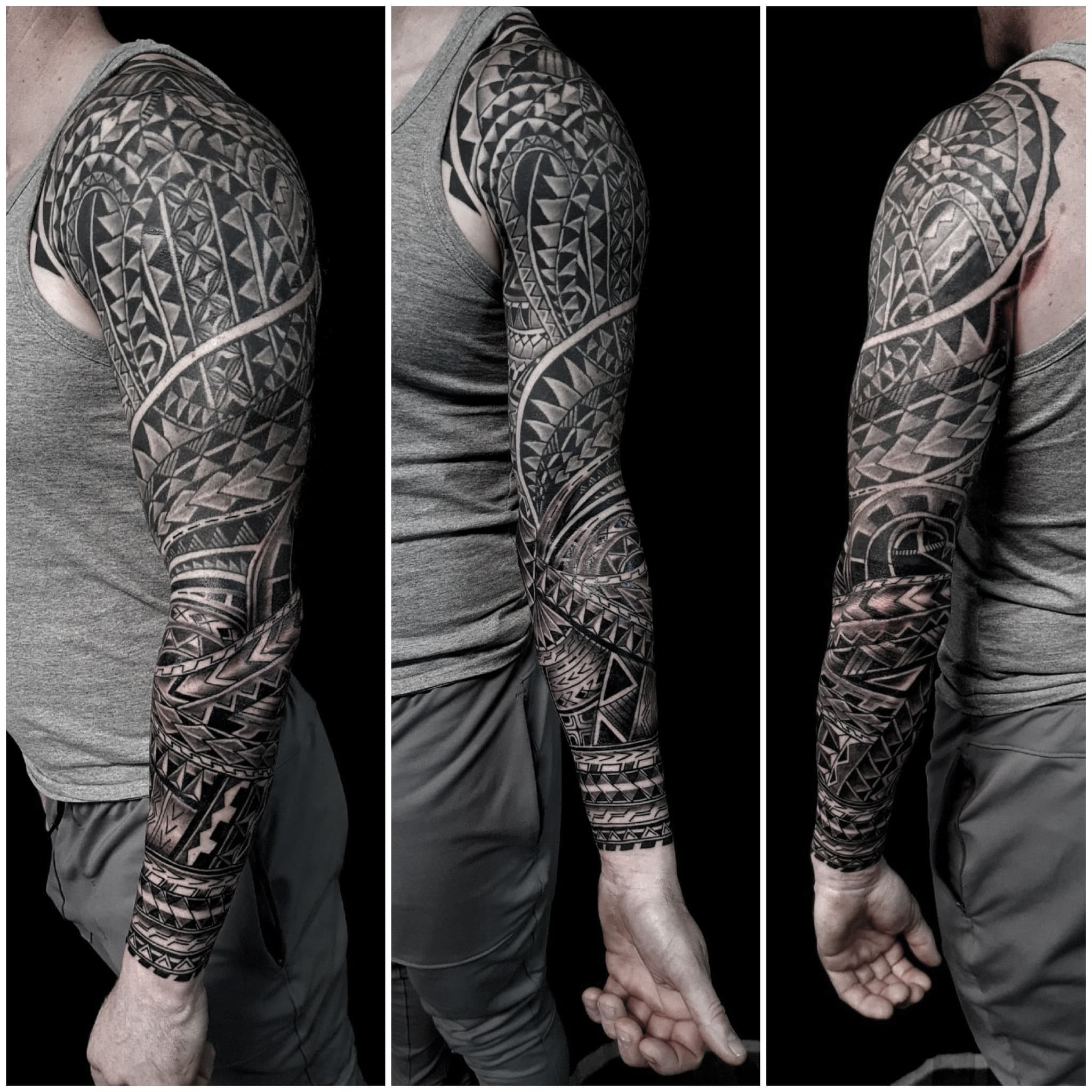 Pelny sleeve polinezyjski z tradycyjnymi wzorami samoanski tatuaz na calym ramieniu