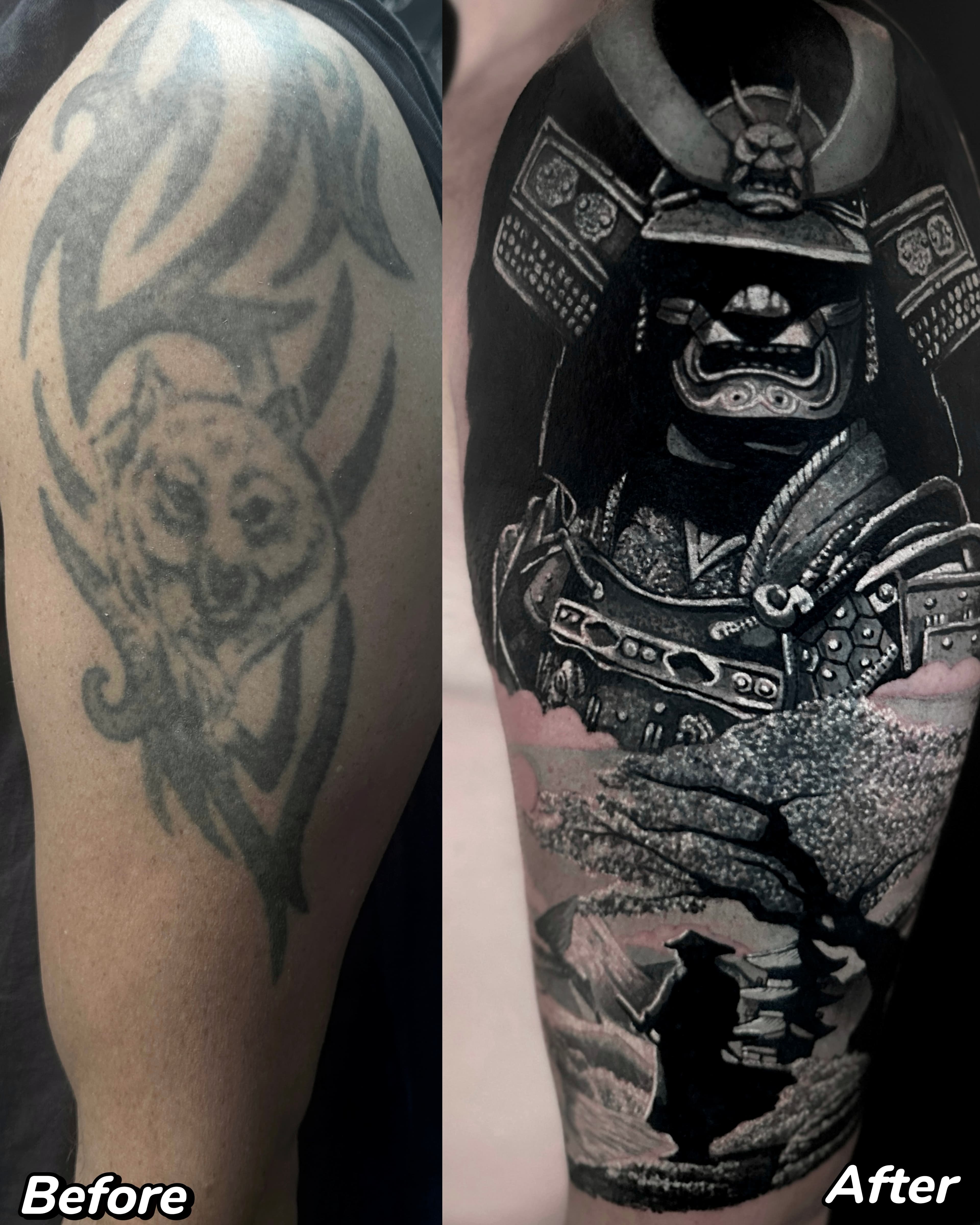 Cover up tribala z twarzą na ramieniu — samuraj w pelnej zbroi z katana i gora Fuji