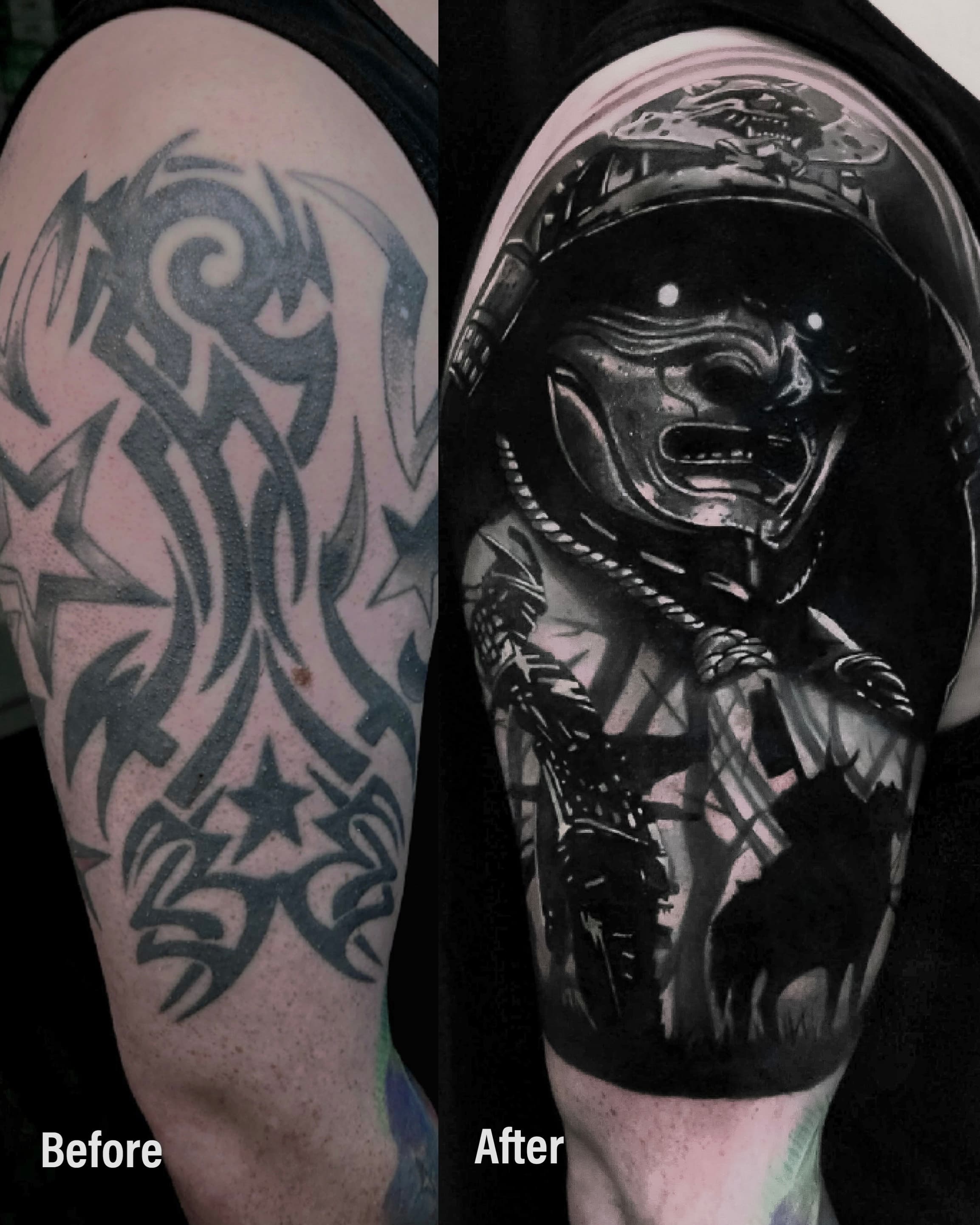 Cover up tribala na ramieniu — japonski samuraj w zbroi i masce oni
