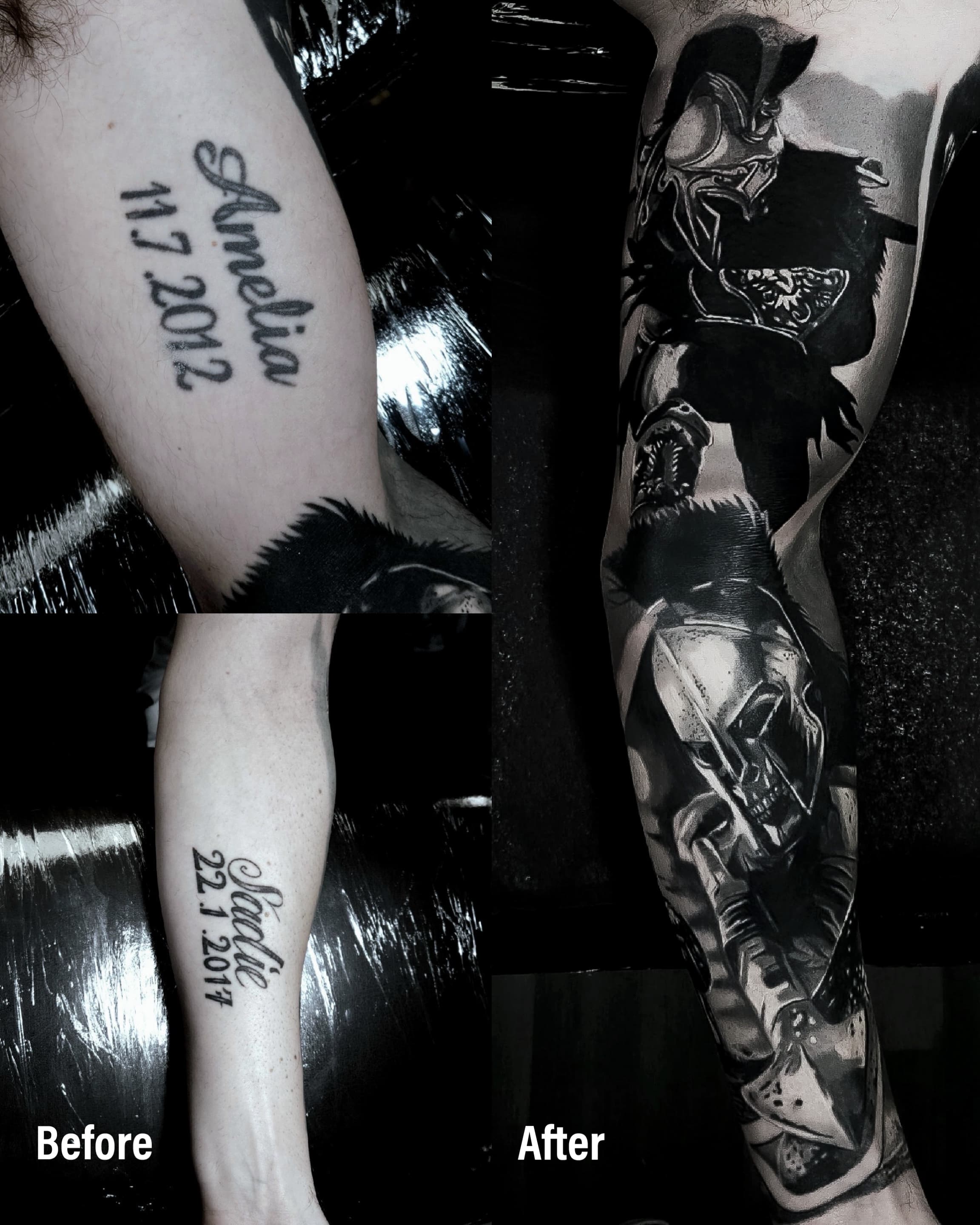 Cover up napisow na przedramieniu — rekaw z samurajem i postacia w masce w stylu black and grey