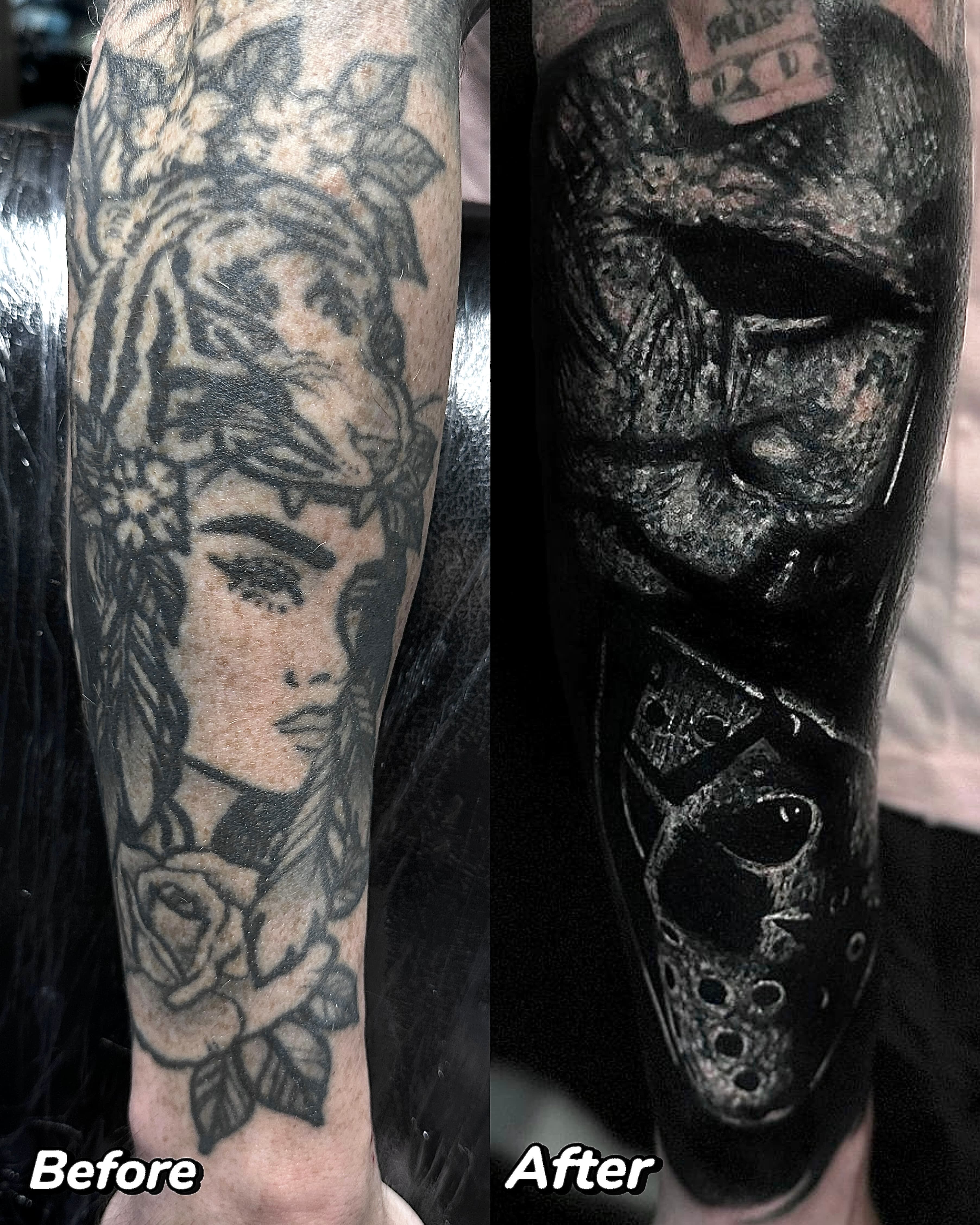 Cover up tatuazu kobiety na przedramieniu — maski z zespolu Slipknot w stylu dark