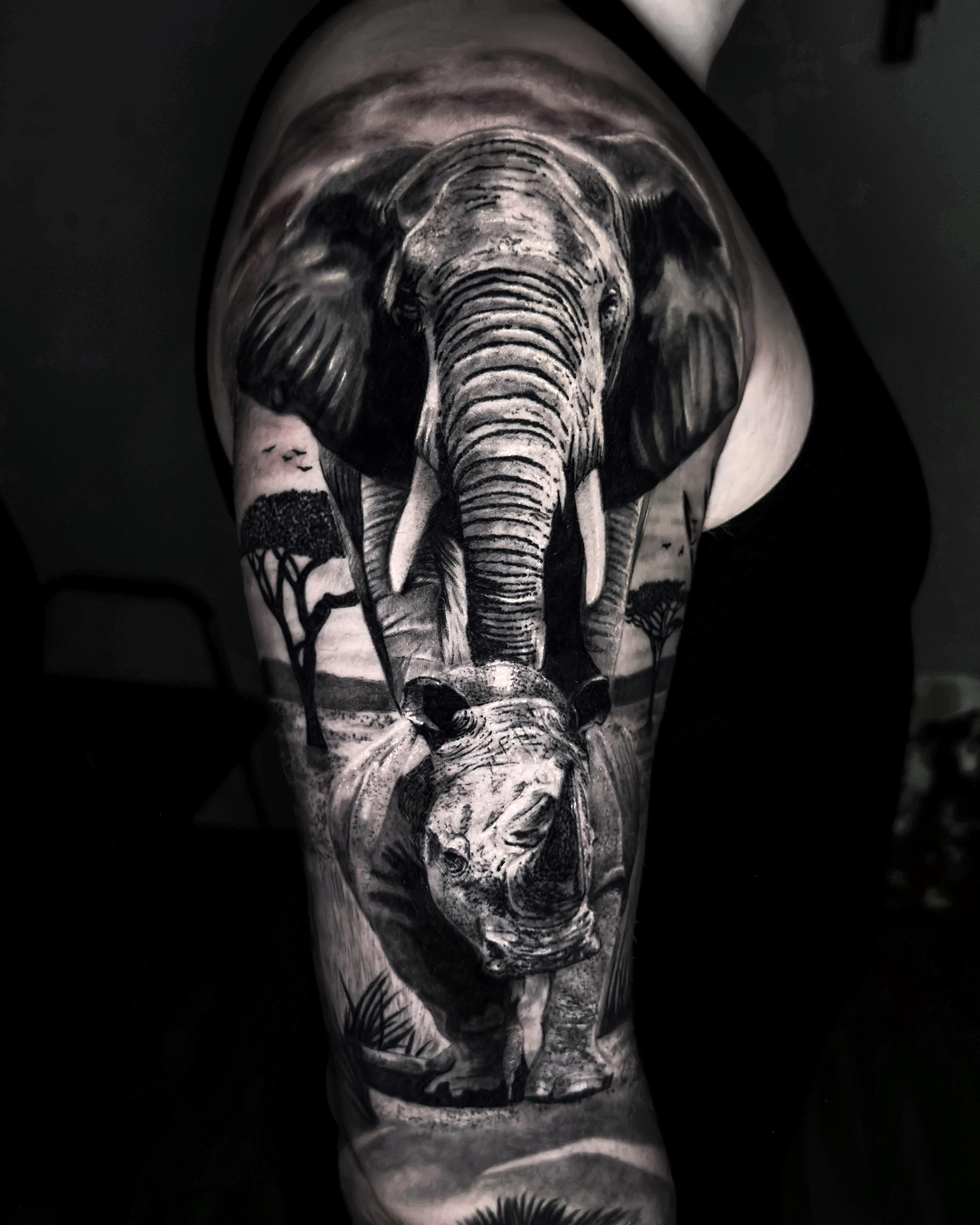 Realistyczny tatuaz slonia i nosorozca na afrykańskiej sawannie na ramieniu w szaroscach