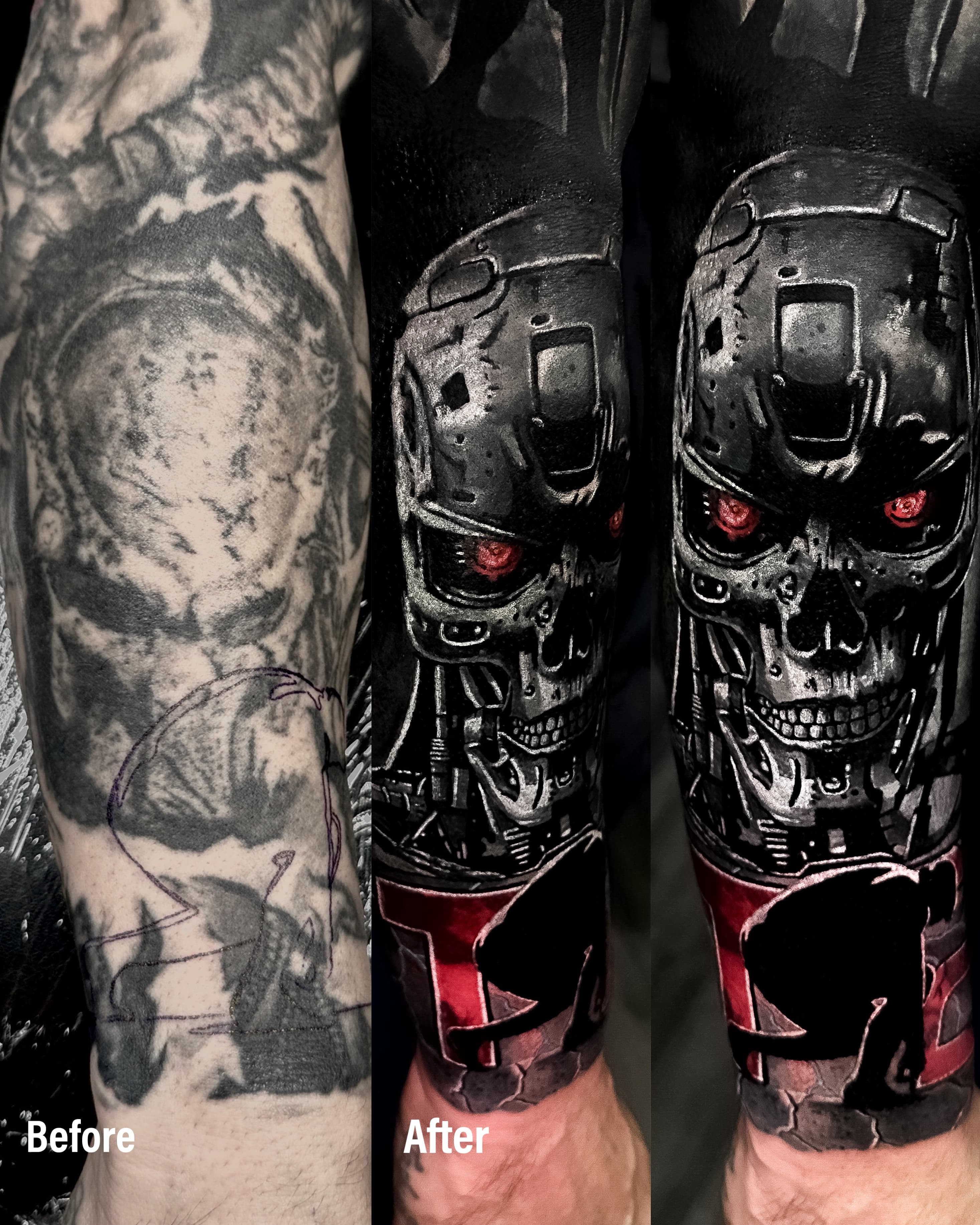 Cover up starego tatuazu — realistyczny Terminator T-800 z czerwonymi oczami na przedramieniu