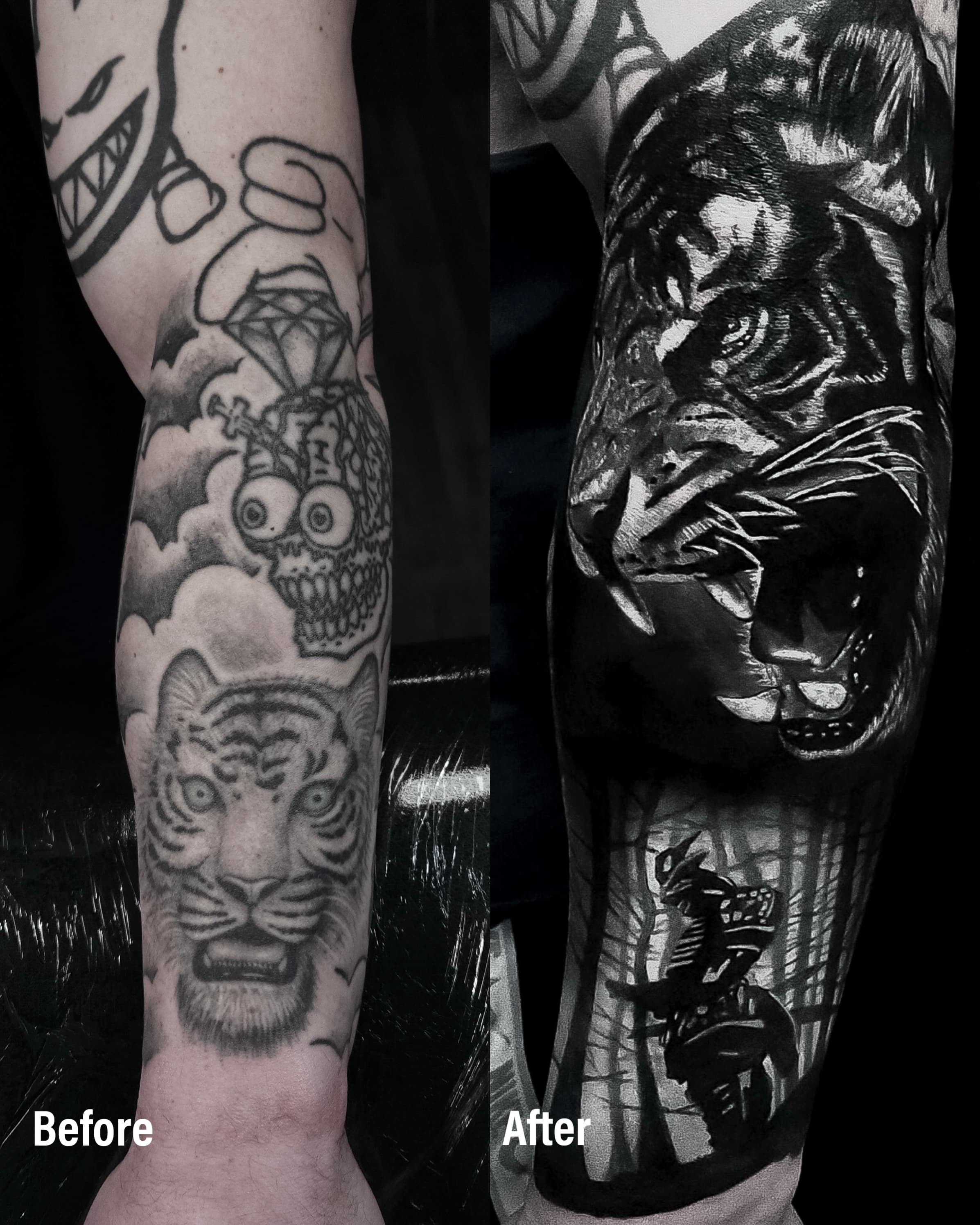 Cover up starych tatuazy na przedramieniu — ryczacy tygrys z lesnym tlem w stylu realizm